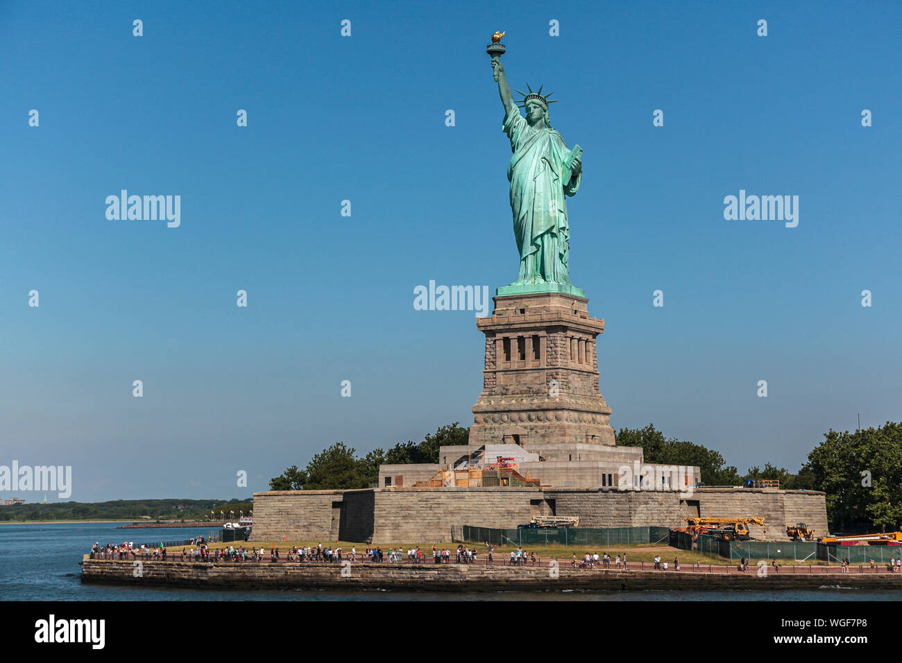 Statue of Liberty, New York, USA -  Renovation works underway around the monument on Ellis island Stock Photo