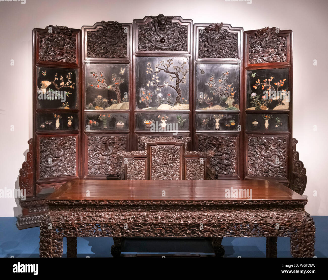 Mid Qing dynasty Zitan wood Screen set in a stand with with engraved