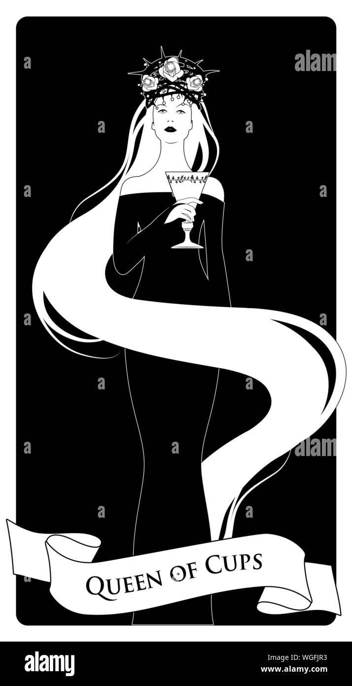 Queen of Cups with crown, roses and thorns, holding a golden cup. Minor