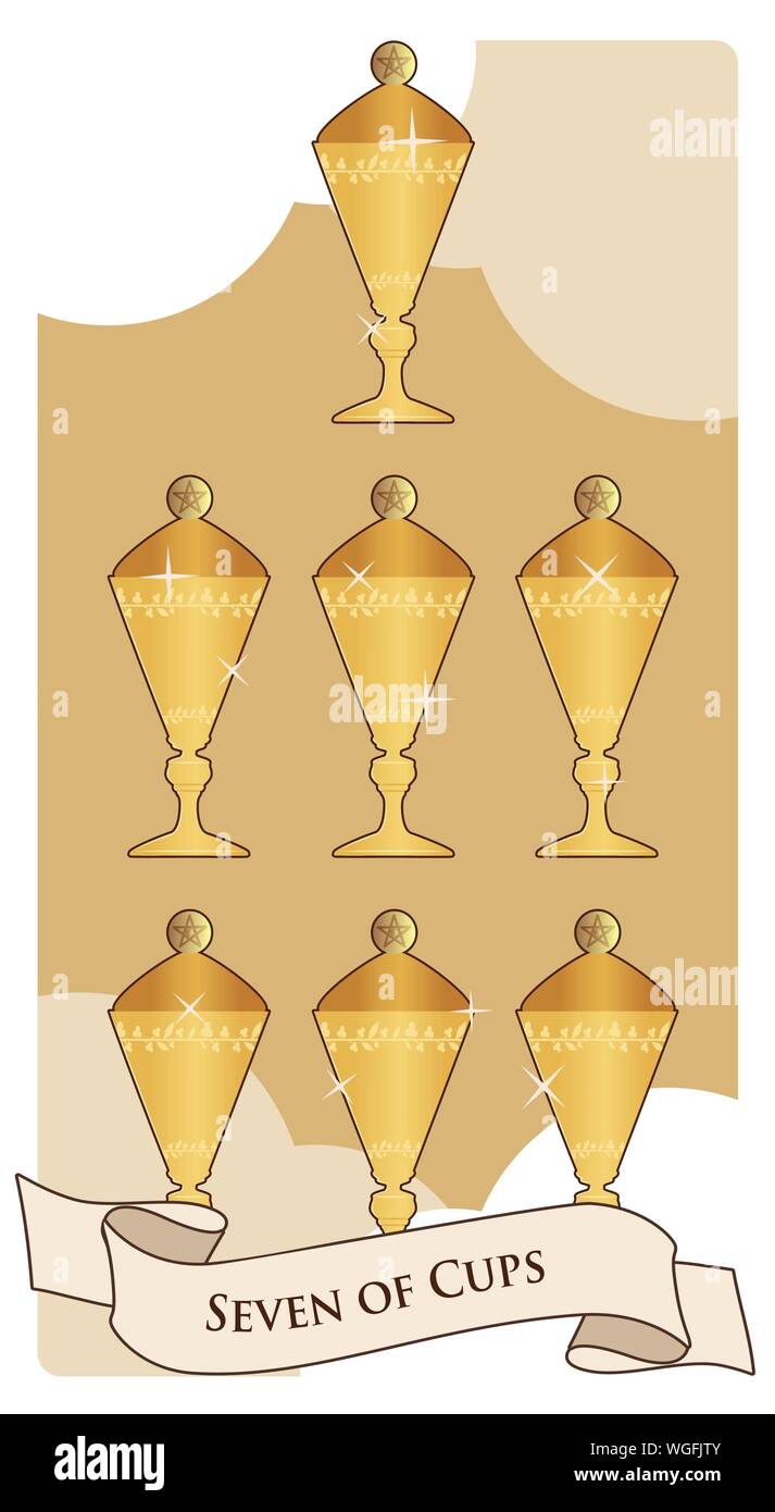 Seven of cups. Tarot cards. Seven cups with a lid, golden and shiny on