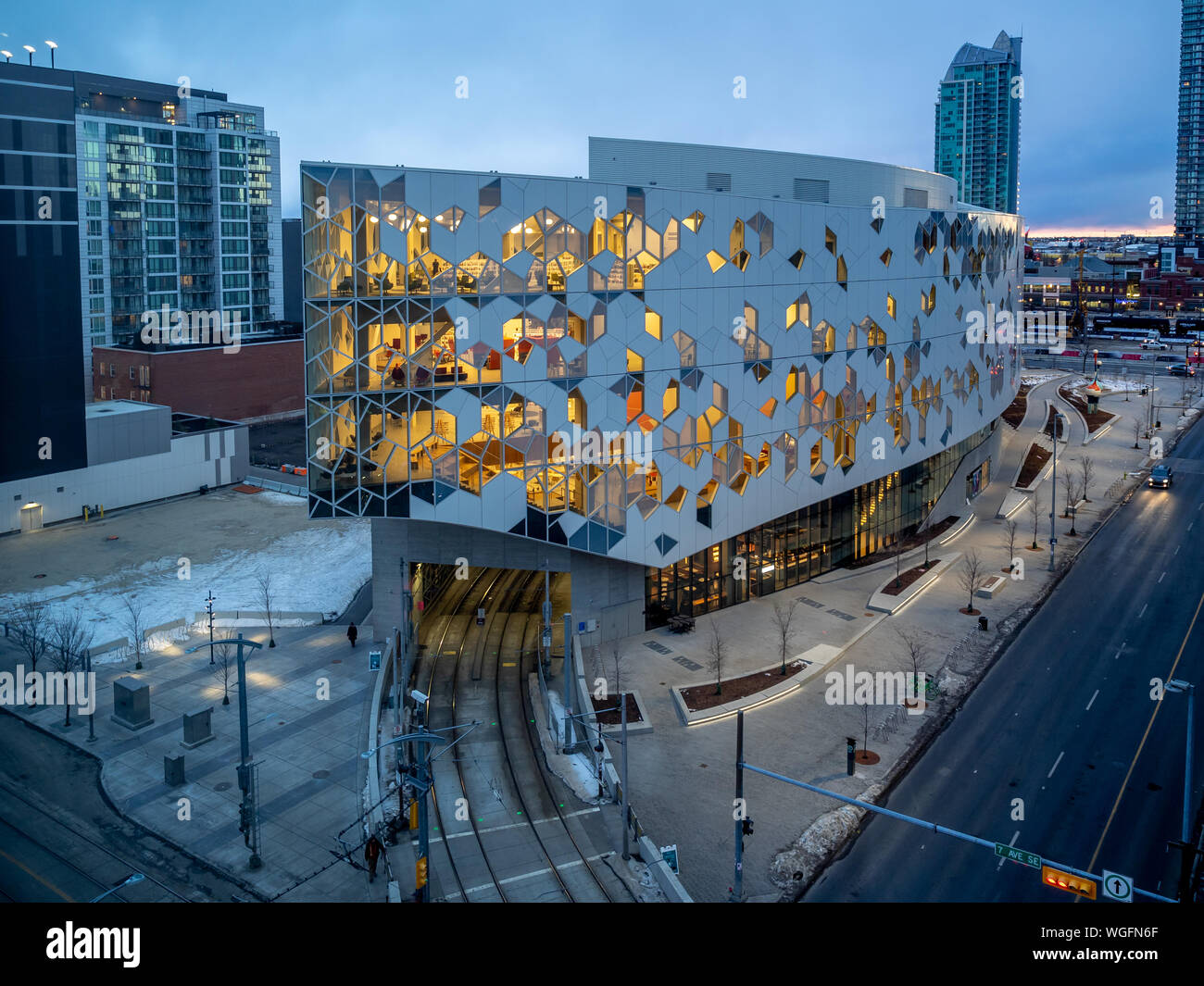 Elevated view of Calgary's new landmark public library building in the ...