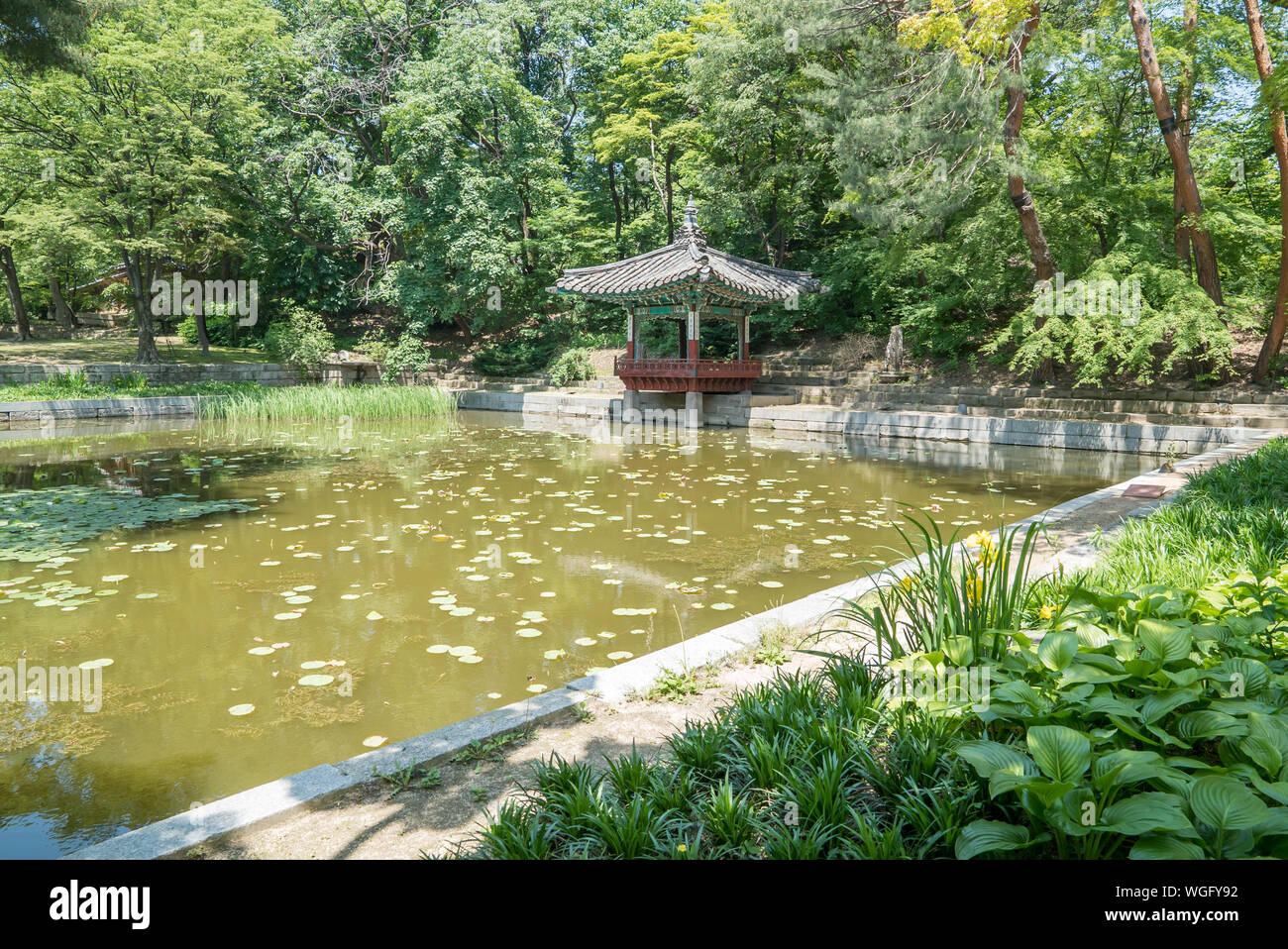 Gazebo By Lake At Huwon Secret Garden Stock Photo