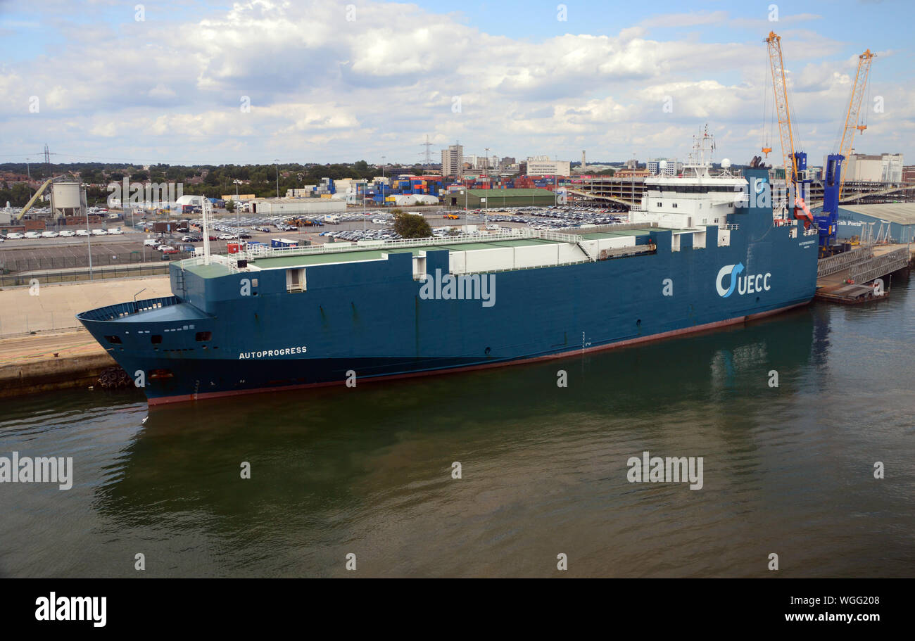 The UECC 'Autoprogress' Vehicle/Car Carrier Ship moored up in Southampton Docks, Hampshire, England, UK. Stock Photo