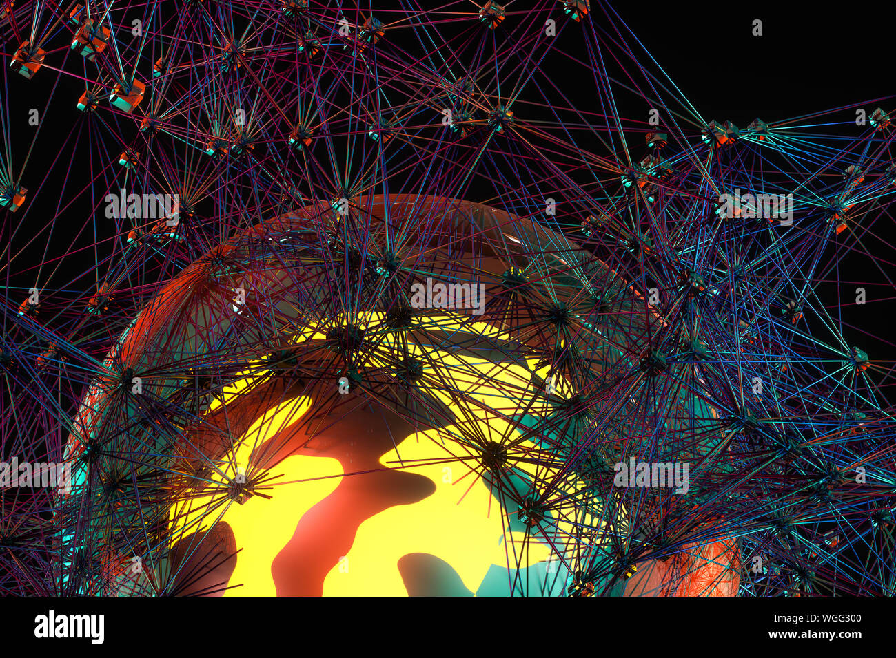 Glowing and magical sphere with connected lines, 3d rendering. Computer ...