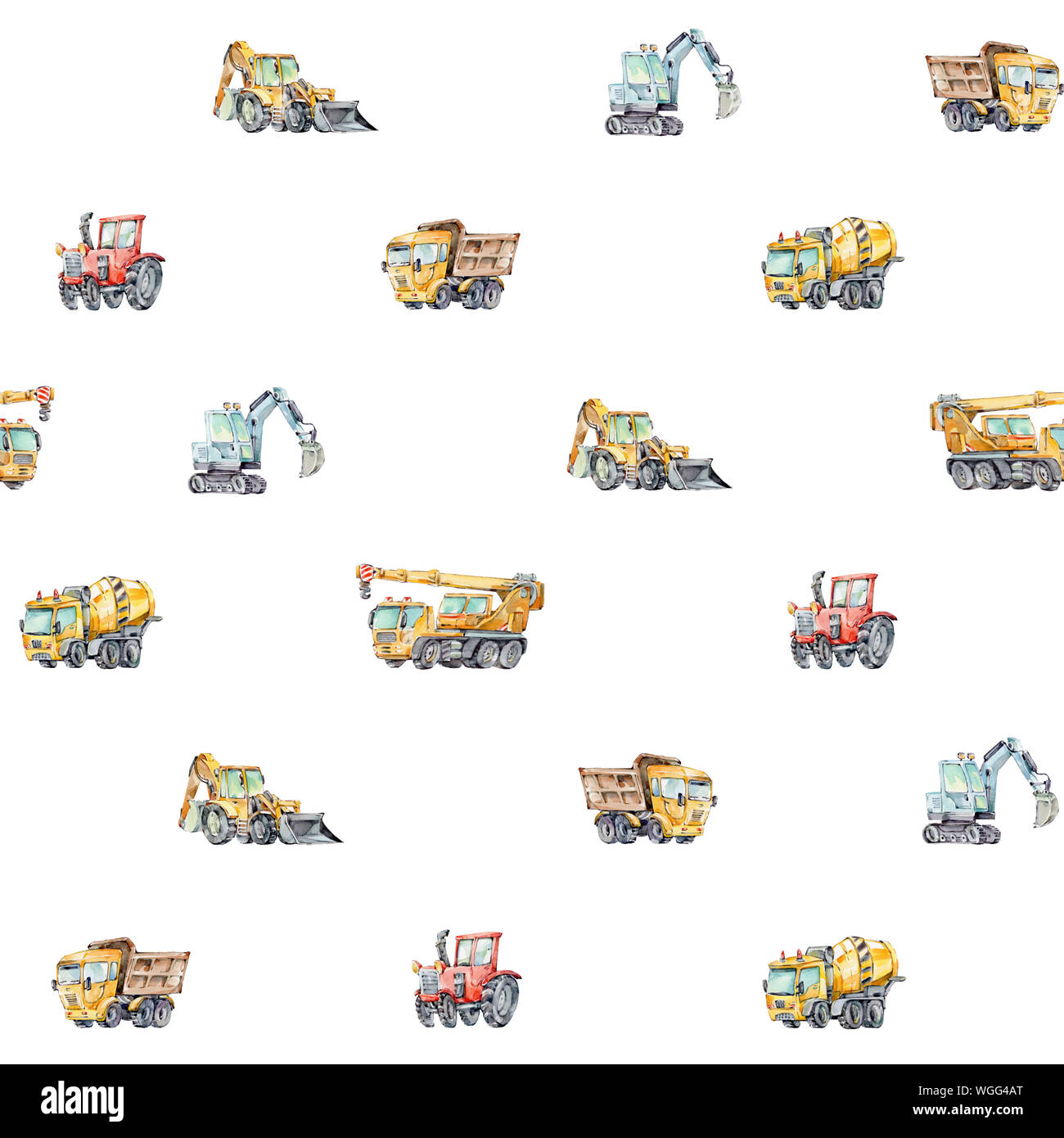 Watercolor seamless pattern with colorful little toy cars. Trucks and Cars Watercolor Background for Kids. Red tractor, Excavator, Digger machine Stock Photo