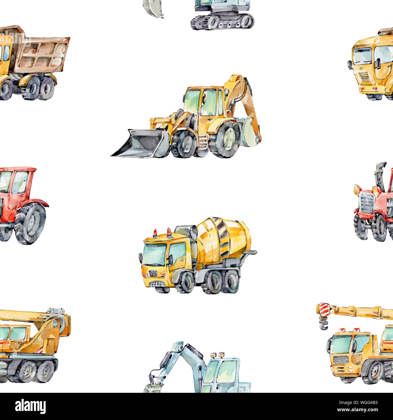 Watercolor Background for Kids with with little toy Building Machines. Watercolor seamless pattern Trucks and Cars. Red tractor, Excavator, Digger Stock Photo