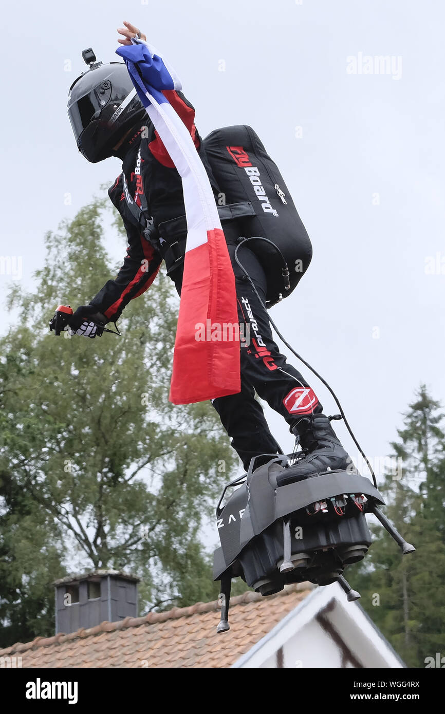 Spa Francorchamps, Belgium. 1st Sep, 2019. Franky Zapata, French inventor,  during a demonstration of the Belgian Grand Prix with his Flyboard on the  circuit of Spa Francorchamps.Charles Leclerc wins his first Formula