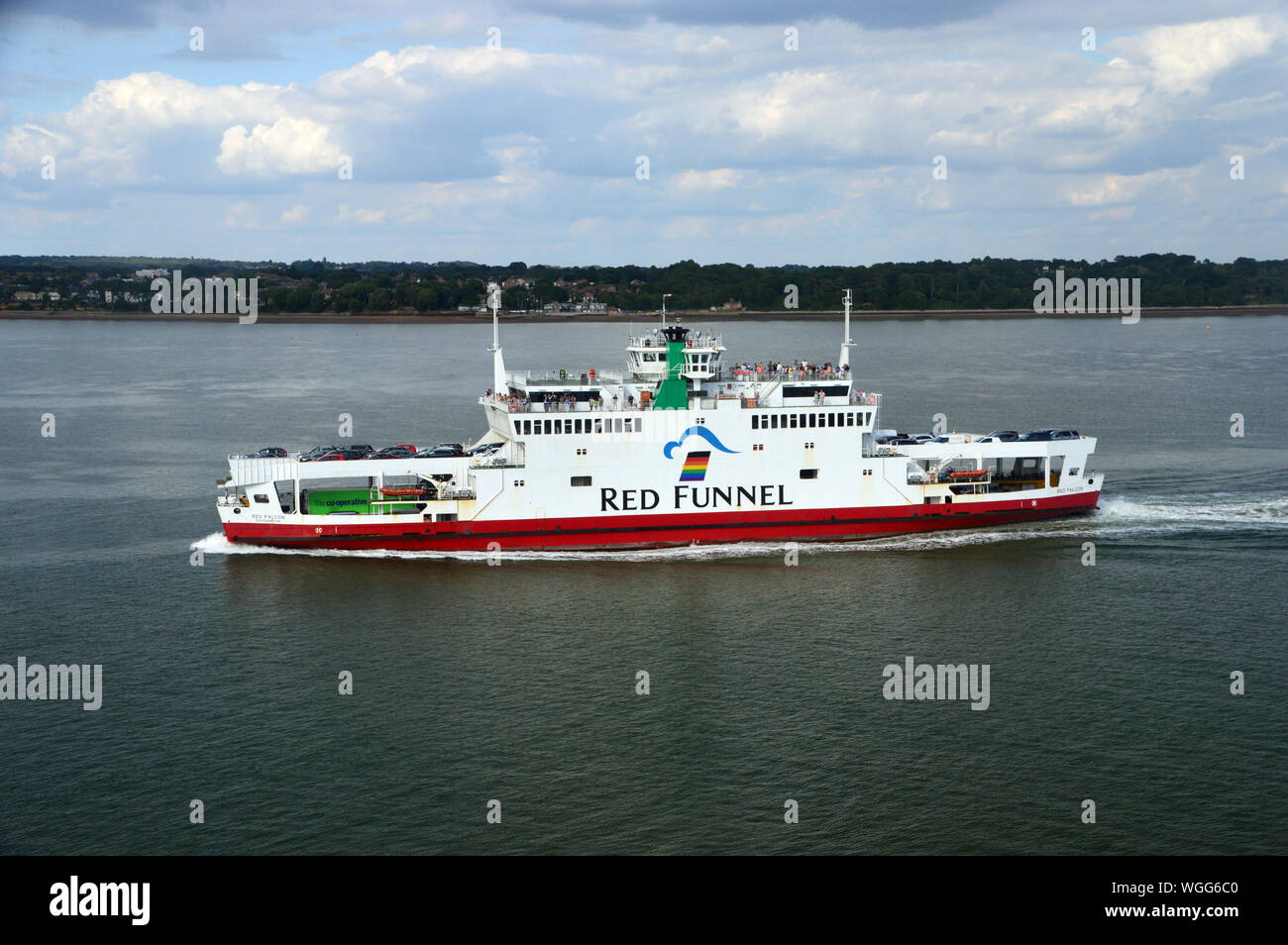 The Red Falcon Passenger and Car Ferry owned by the Red Funnel Ferry Company in the Solent heading for Southampton Harbour, Hampshire, England, UK. Stock Photo