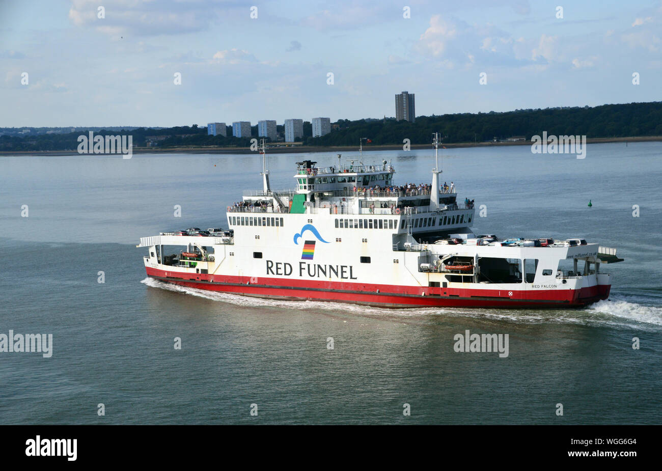 The Red Falcon Passenger and Car Ferry owned by the Red Funnel Ferry Company in the Solent heading for Southampton Harbour, Hampshire, England, UK. Stock Photo