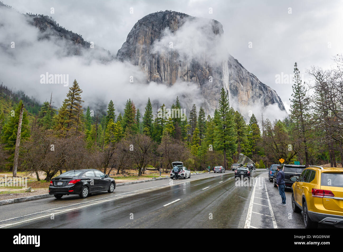 Yosemite National Park, USA April 2, 2019 Parked cars at Yosemite