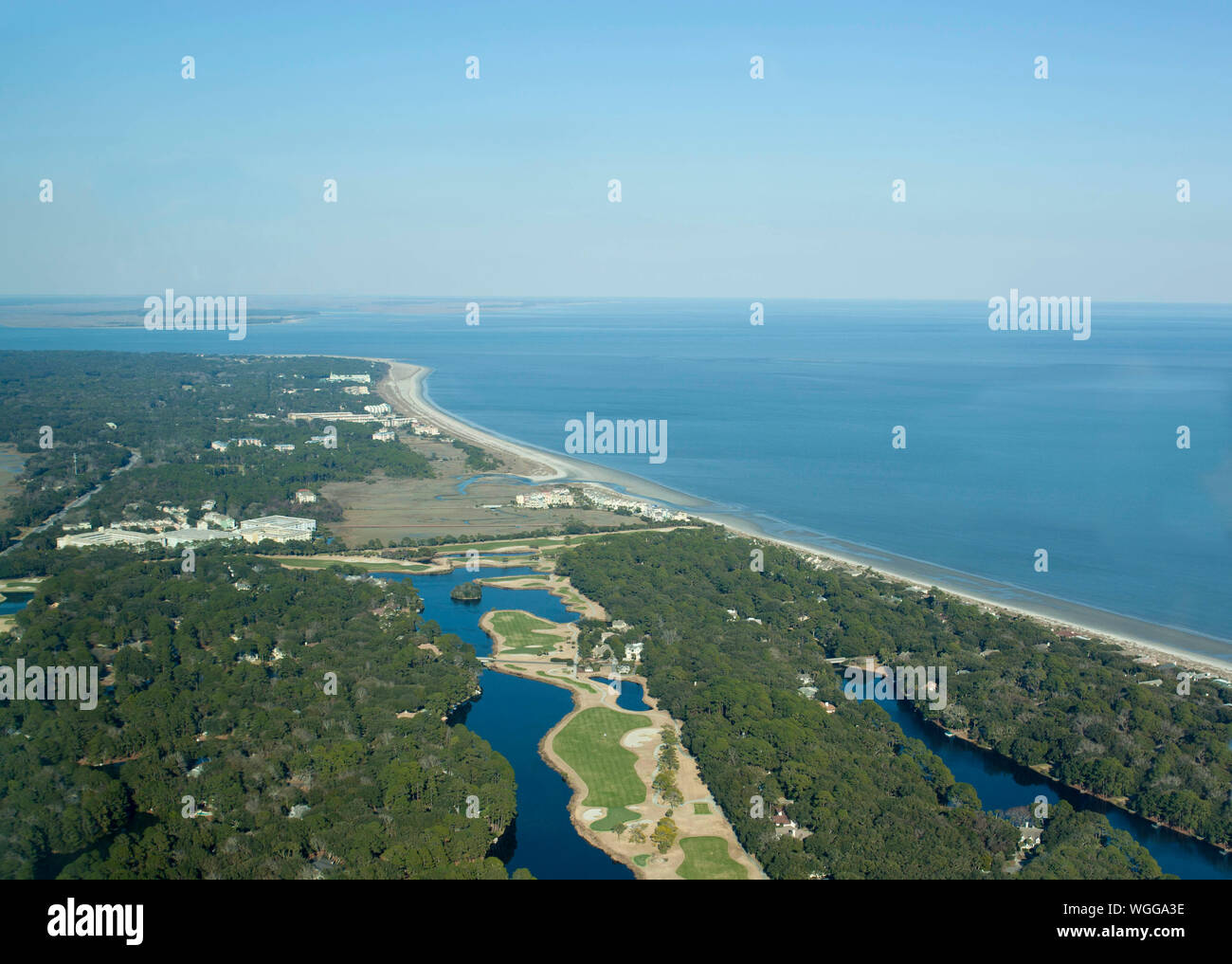 Aerial view of Hilton Head, South Carolina and Atlantic Ocean Stock
