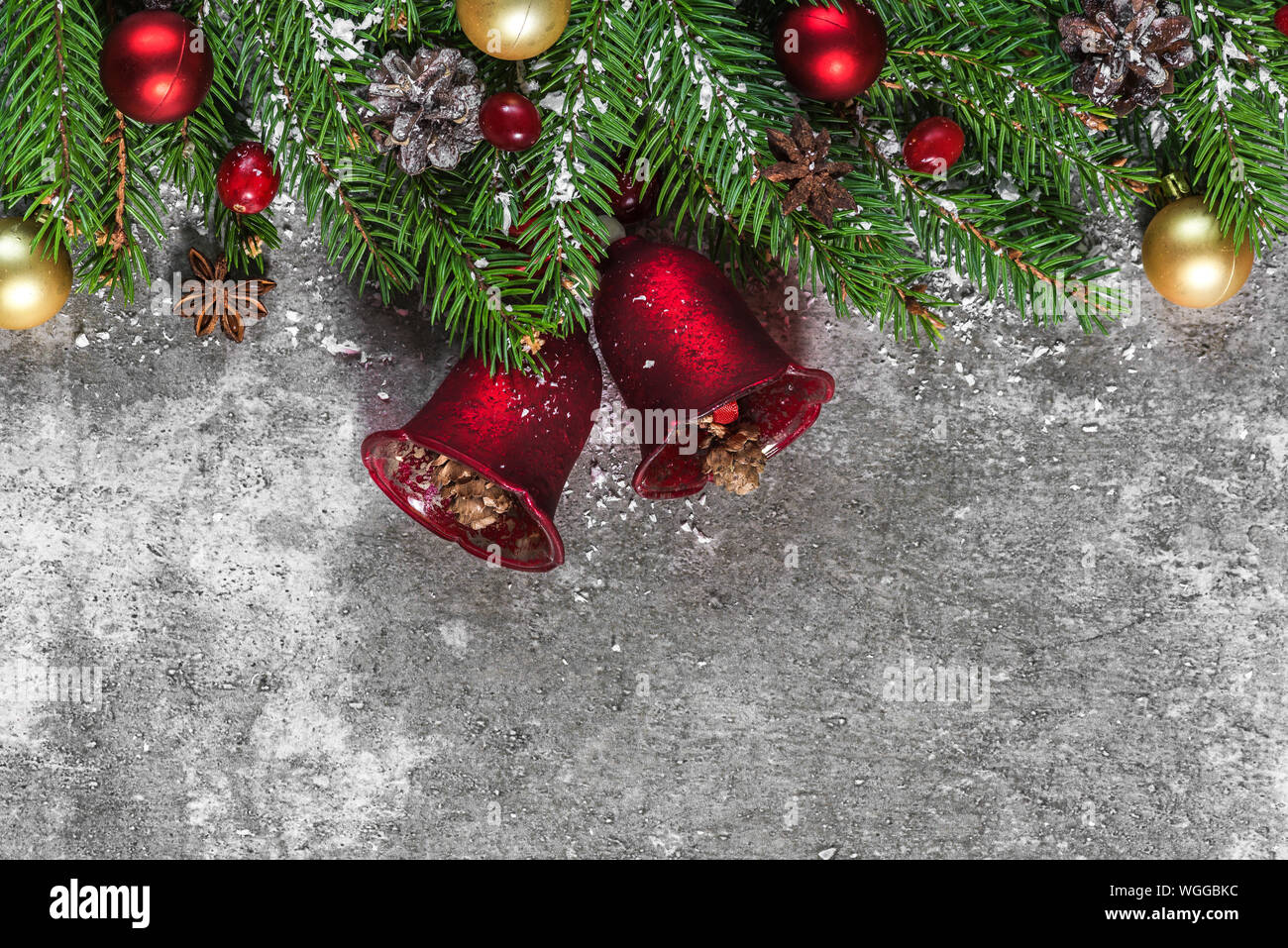 Christmas background with fir branches, red and golden decorations ...