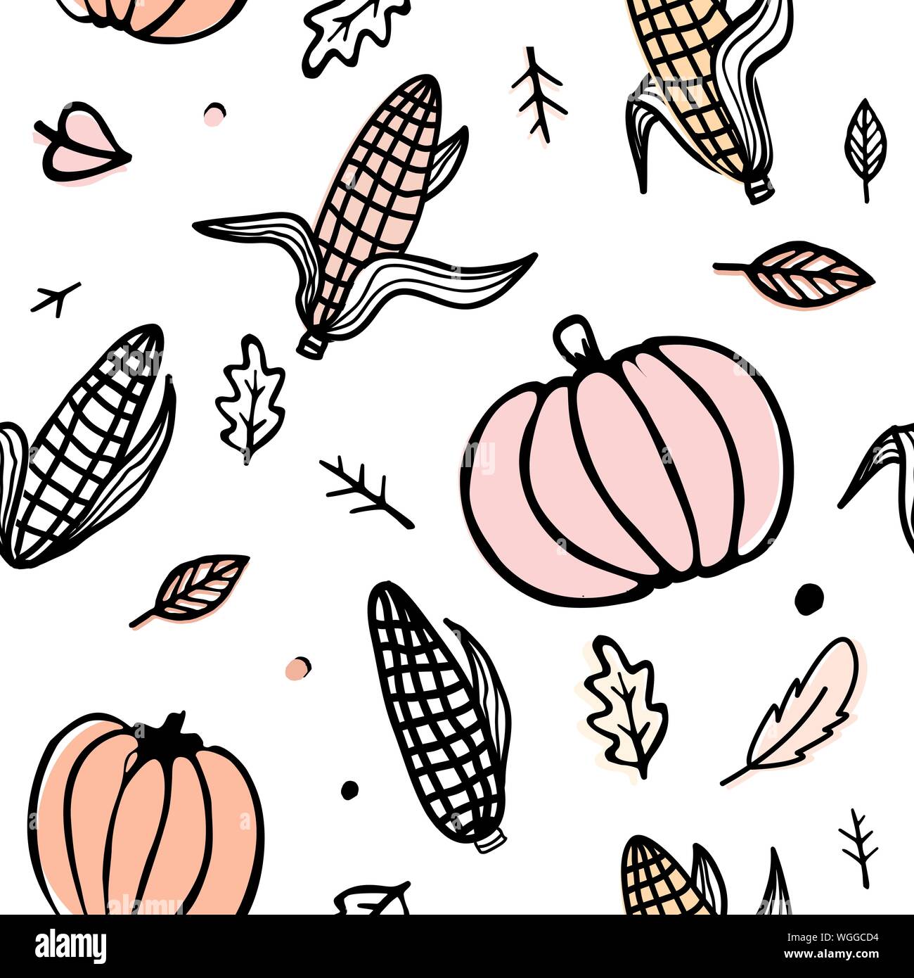 Thanksgiving day seamless pattern with corn cobs, pumpkins, and autumn leaves. Doodle vector ornament isolated on white background Stock Vector
