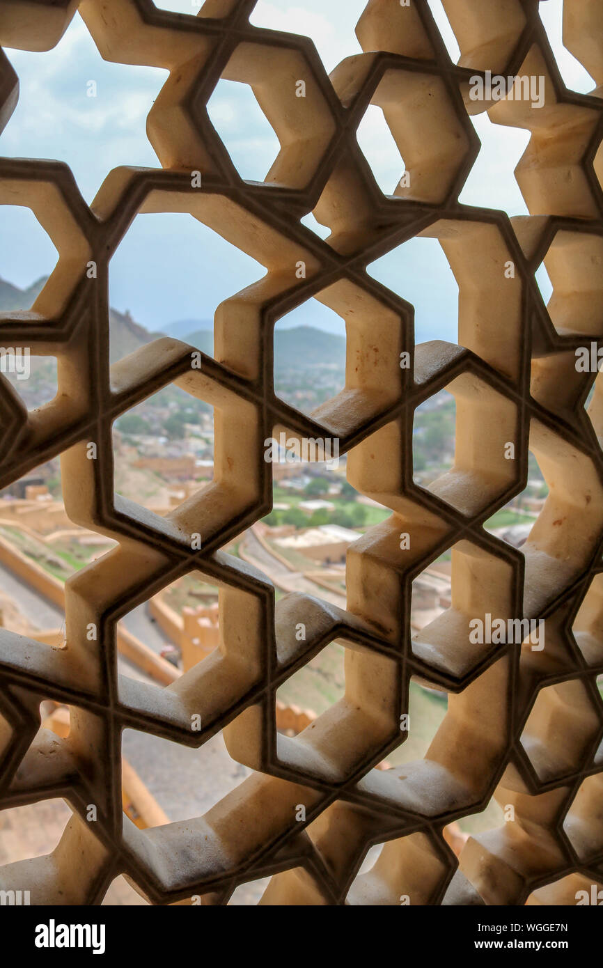 Closeup of a carved window in mogul architecture at Fort Amber, Jaipur, India Stock Photo
