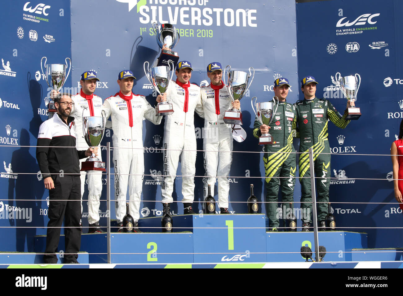 Silverstone, UK. 01st Sep, 2019. GTE Pro podium L-R #2 Porsche GT Team Michael Christensen & Kevin Estre, #1 Porsche GT team Gianmaria Bruni (R) and Richard Lietz (L) and #3 Aston Martin Racing driving L-R Maxime Martin and Alex Lynn during the FIA World Endurance Championship at the Silverstone Circuit, Silverstone, England on 1 September 2019. Photo by Jurek Biegus. Credit: UK Sports Pics Ltd/Alamy Live News Stock Photo