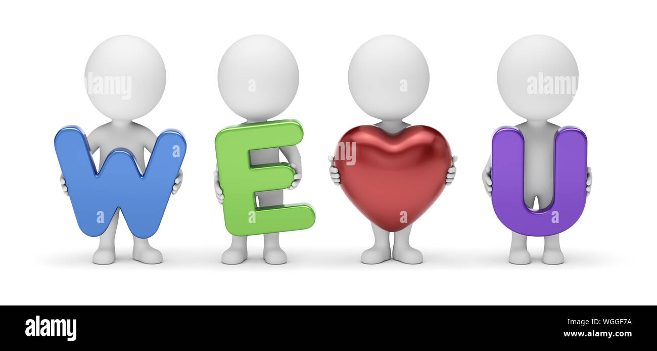 3d small people - team of four cute cartoon guys composing stylized phrase we love you with letters and red heart shape in hands standing in front vie Stock Photo