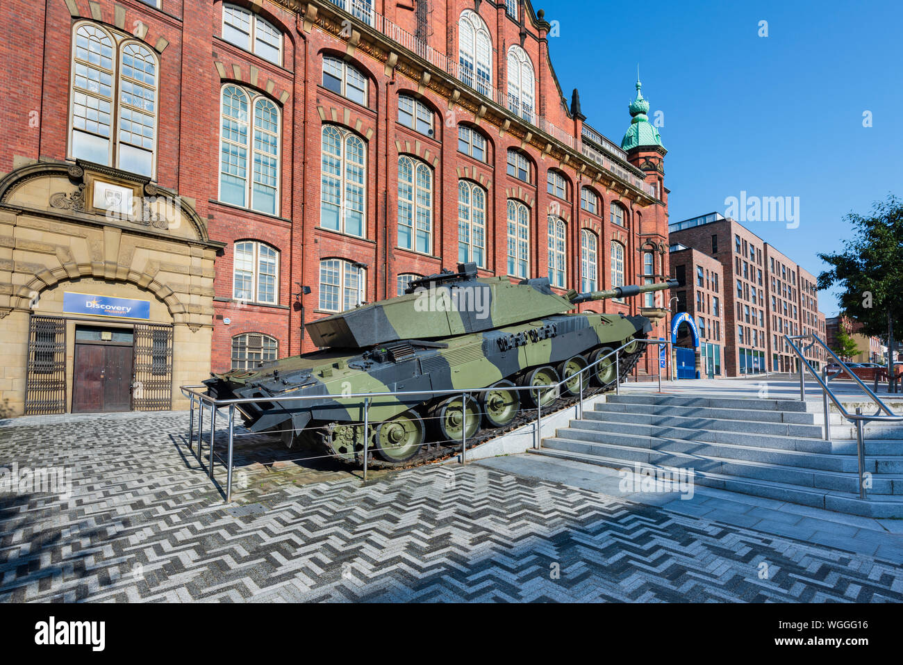 Challenger 2 tank, built in Newcastle upon Tyne and donated to the Discovery Museum by BAE Systems. The military vehicle now stands Challenger Plaza Stock Photo