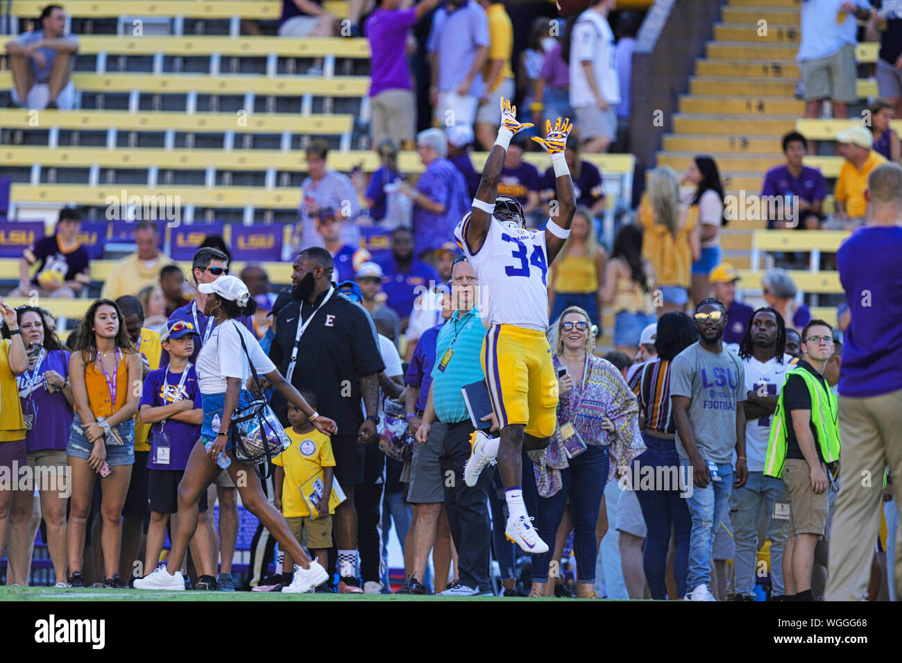 August 31, 2019: LSU Tigers cornerback Lloyd Cole (34) warms up before the game against Georgia Southern Eagles on August 31, 2019 at the Tiger Stadium in Baton Rouge, LA. Stephen Lew/CSM Stock Photo