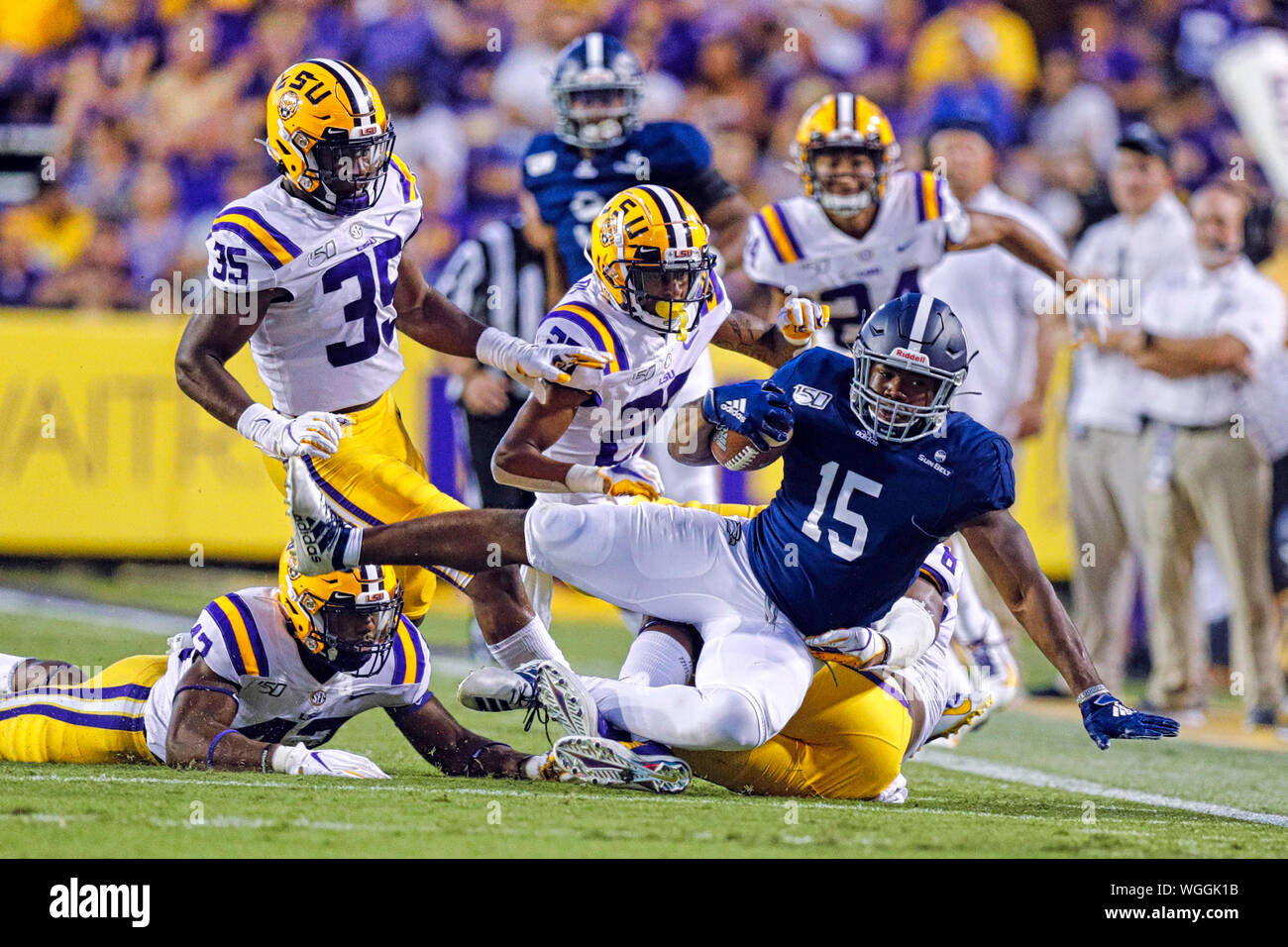 August 31, 2019: Georgia Southern Eagles running back J.D. King (15) is tackled by LSU Tigers linebacker Damone Clark (35) during the game between the LSU Tigers and Georgia Southern Eagles on August 31, 2019 at the Tiger Stadium in Baton Rouge, LA. Stephen Lew/CSM Stock Photo