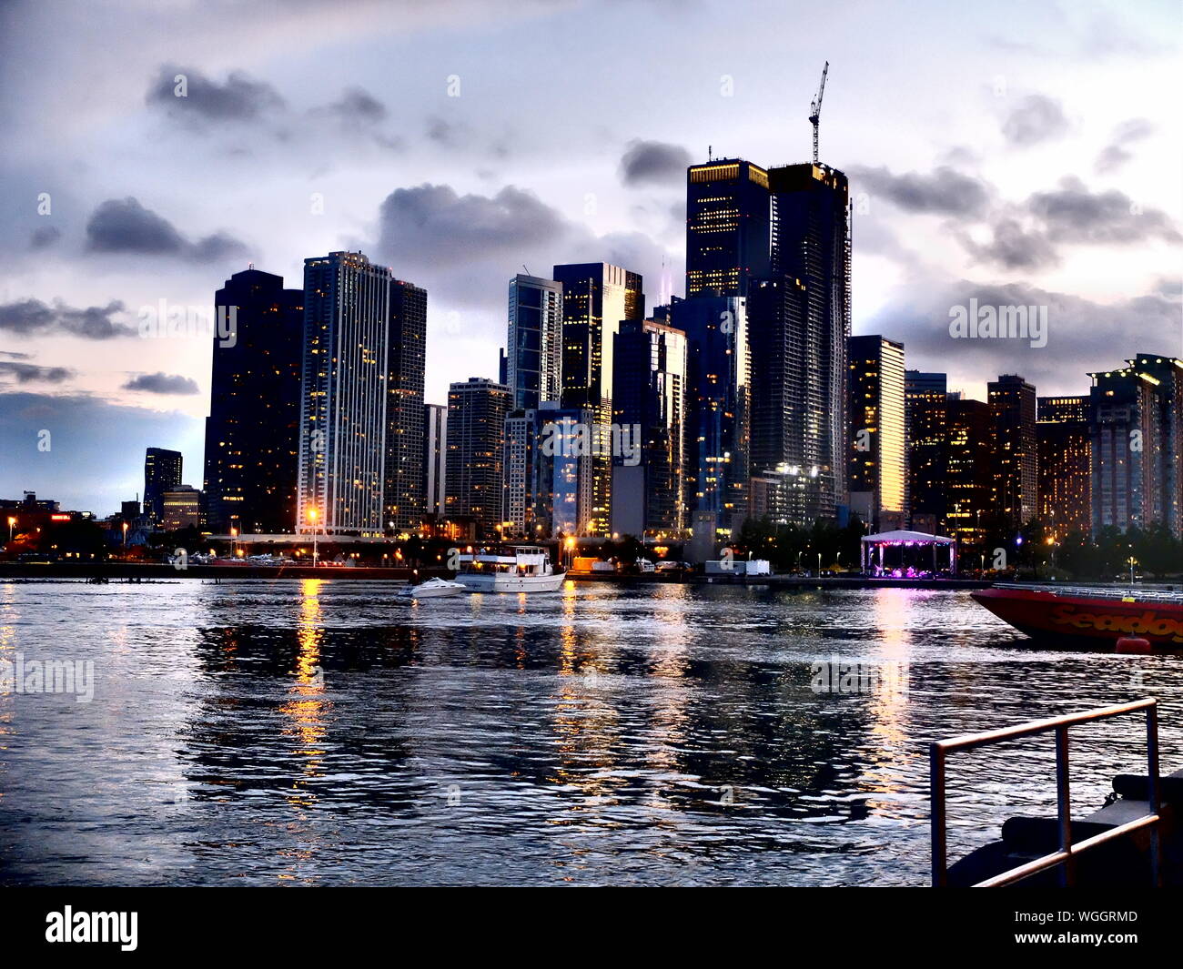 Night time view of Chicago skyline from Navy pier Stock Photo
