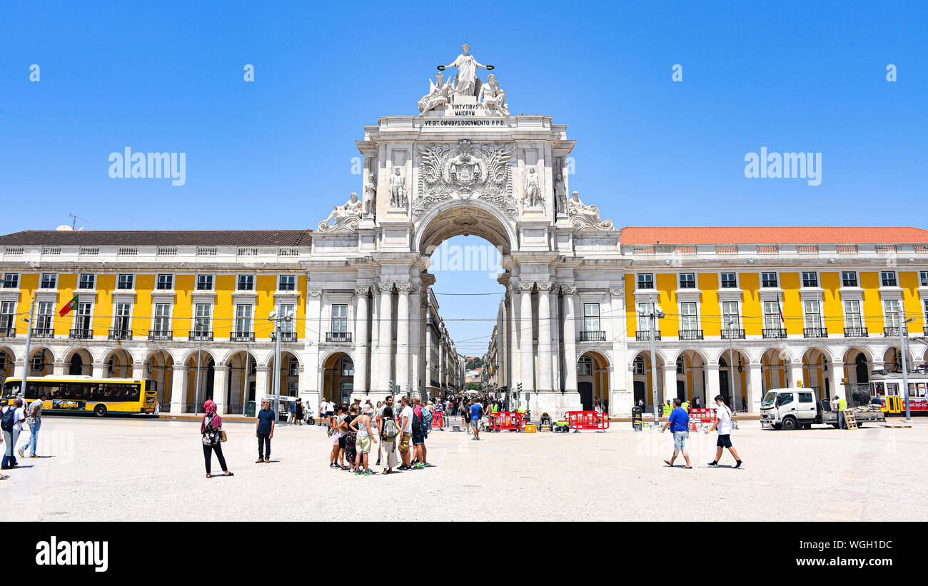 Lisbon, Portugal - July 23, 2019: Praca do Comercio, public plaza on the banks of the Tagus river Stock Photo