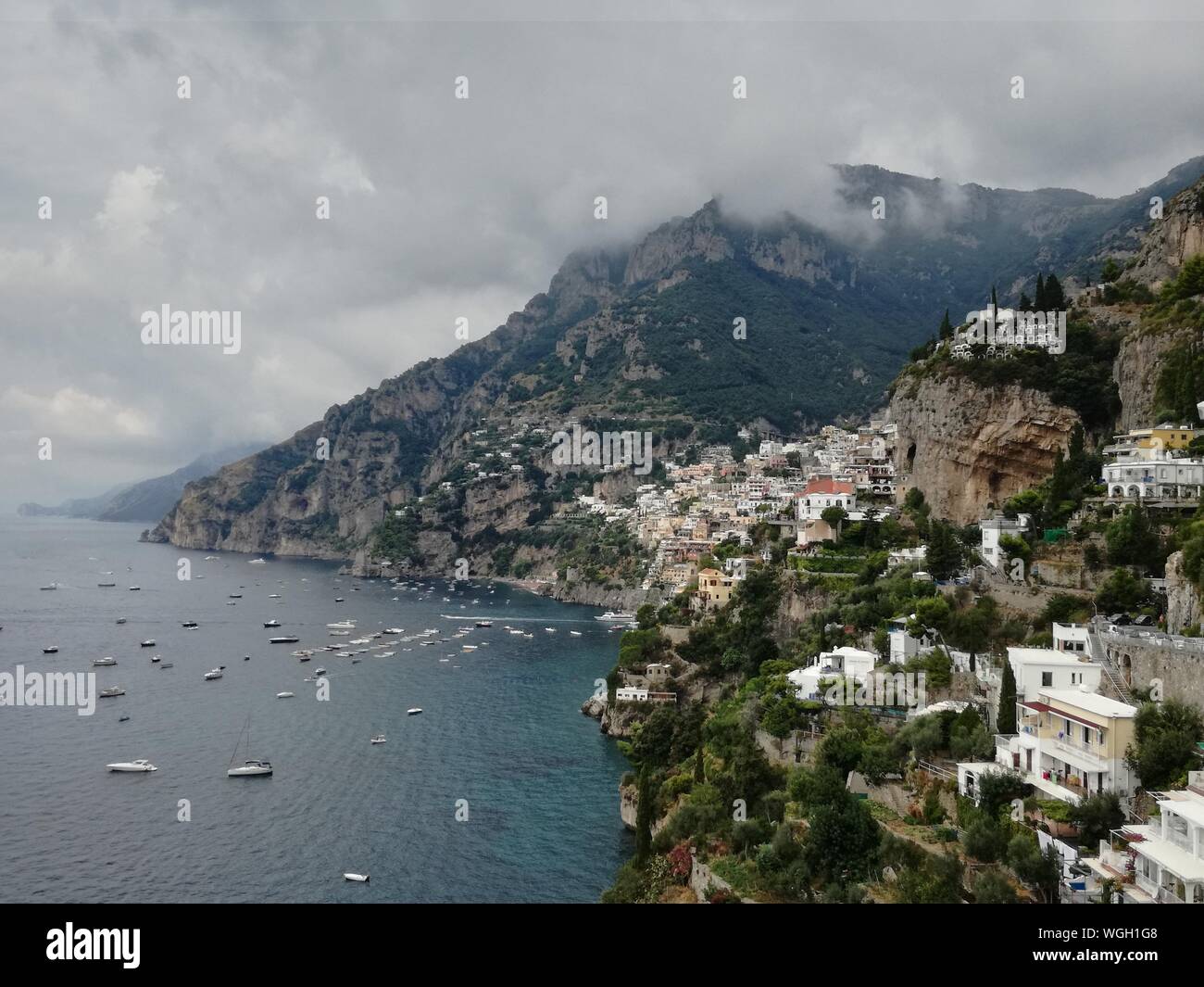 High Angle View Of Town On Italian Coastline Stock Photo