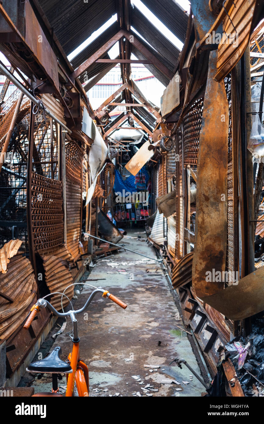 abandon fired flea market, it is ruined structure building Stock Photo