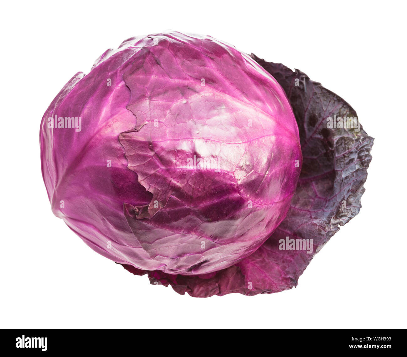 head of ripe red cabbage on leaf isolated on white background Stock Photo