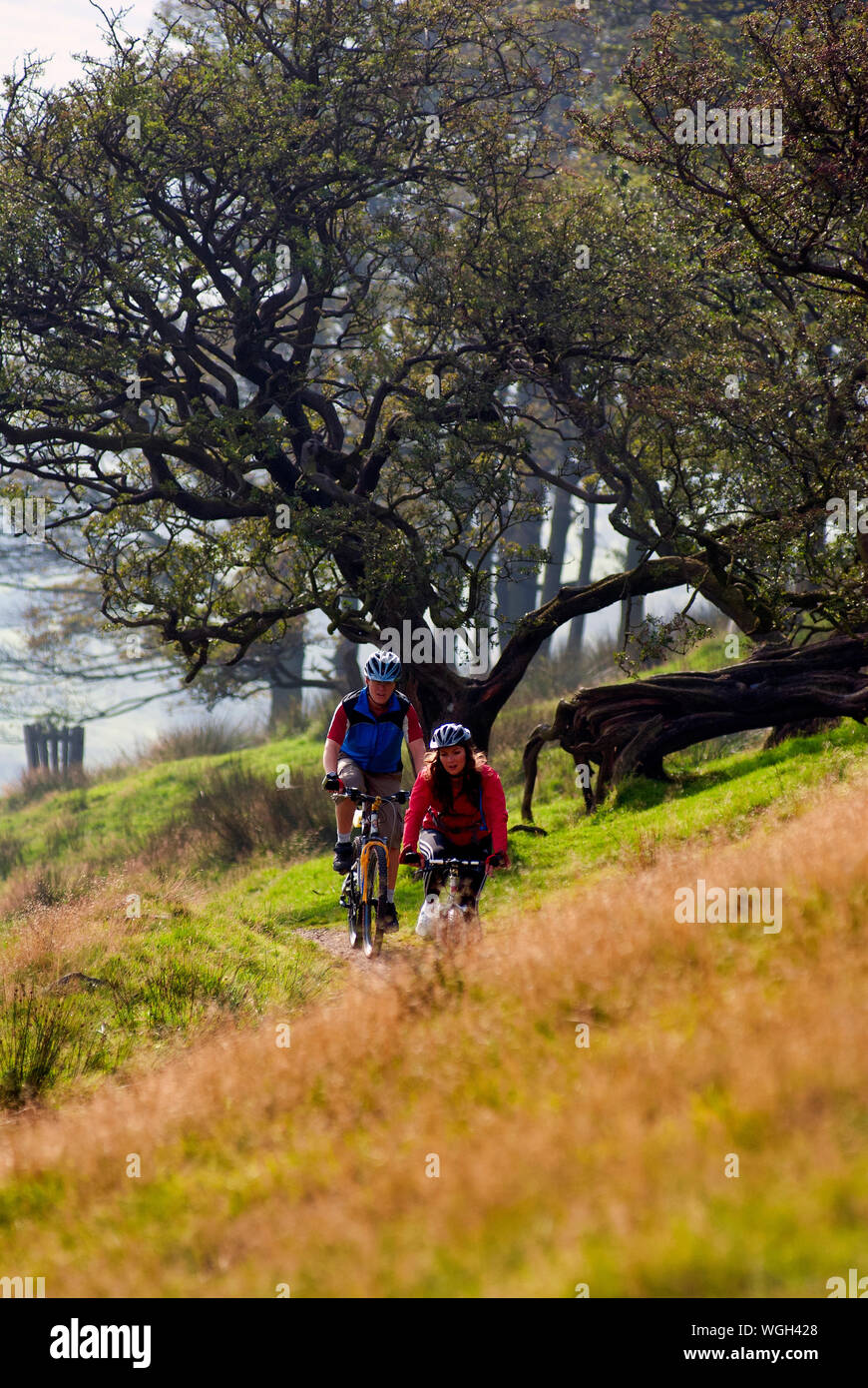 Mountain bikers riding along the UK's new Great North Trail, a 800 mile long distance off-road cycle route from Middleton Top, Wirksworth, Derbyshire through the Peak District all the way up to Cape Wrath or John o'Groats, Scotland. Stock Photo
