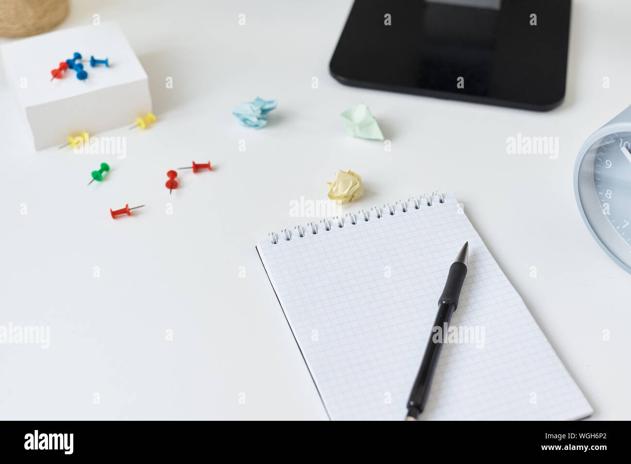 Modern workspace background. Workplace with office supplies and sticky notes on table Stock Photo