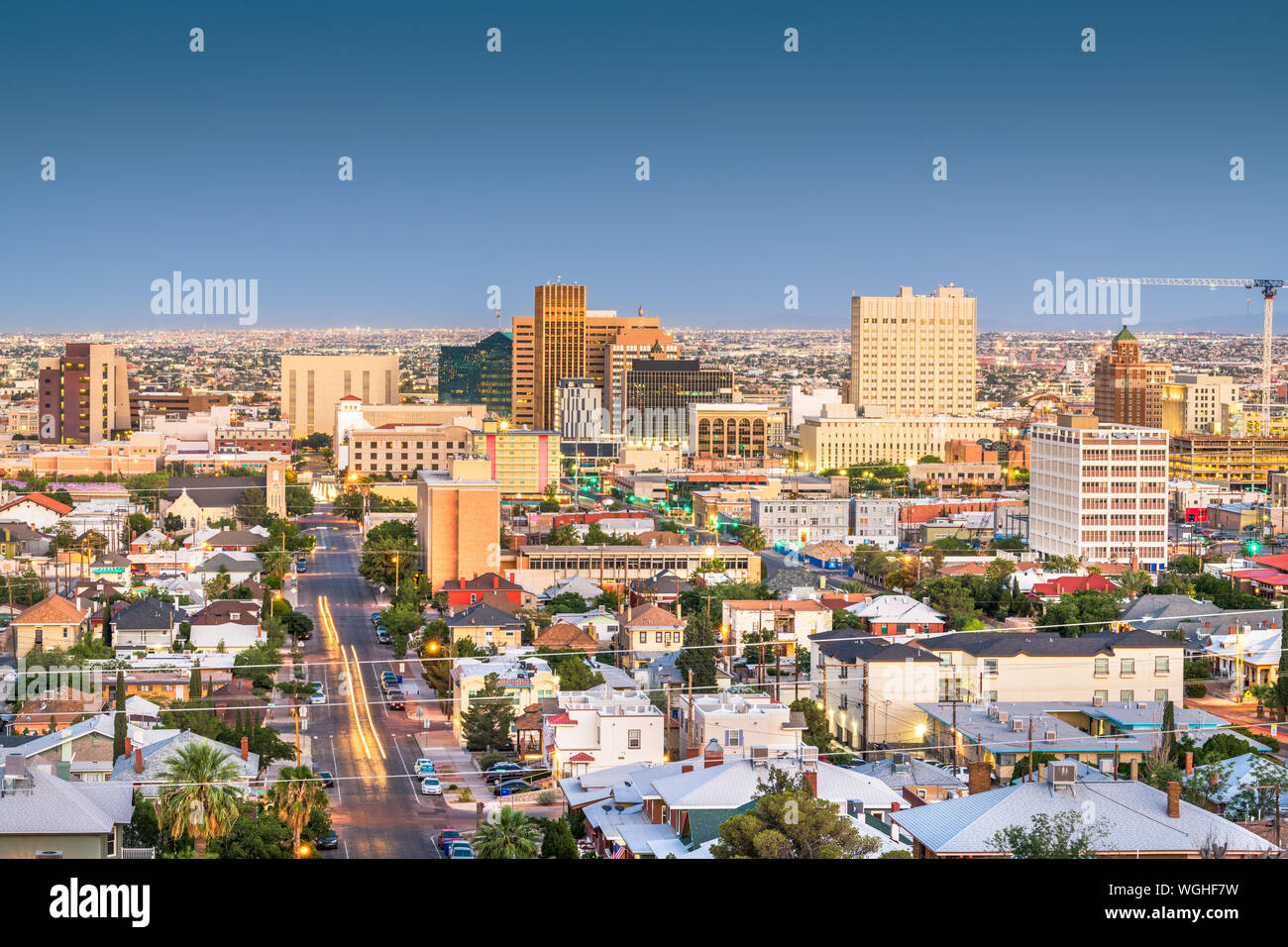 El Paso, Texas, USA downtown city skyline at dusk with Juarez, Mexico