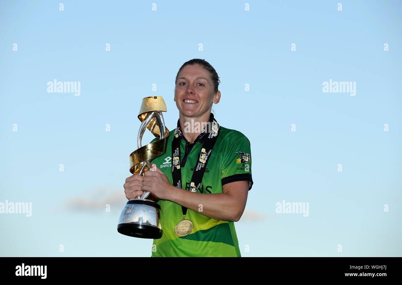 Western Storm' Heather Knight celebrates with the trophy after winning during Kia Super League final at the 1st Central County Ground, Hove. Stock Photo