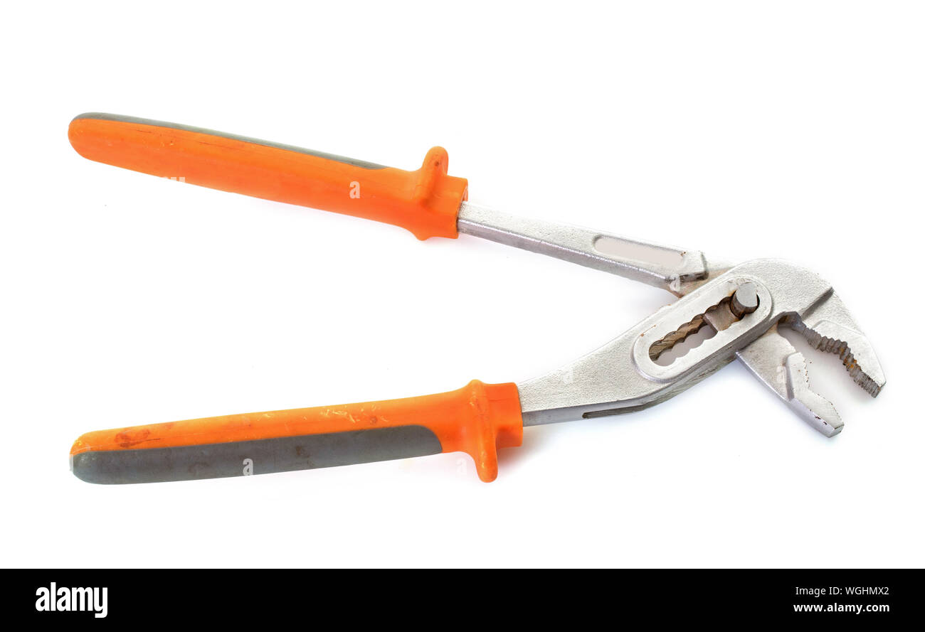 Close-up Of Pliers Against White Background Stock Photo