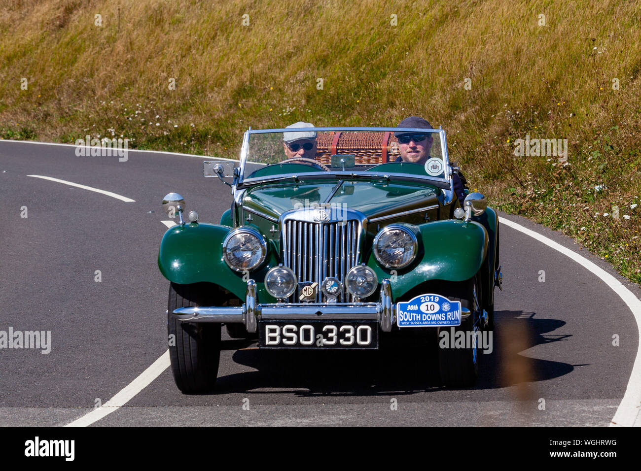 Grfeen 1954 MG TD/TF  taking part in the annual South Downs Run. Stock Photo
