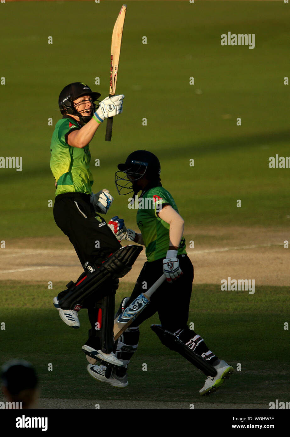 Western Storm's Heather Knight celebrates after hitting the winning runs with teammates during Kia Super League final at the 1st Central County Ground, Hove. Stock Photo