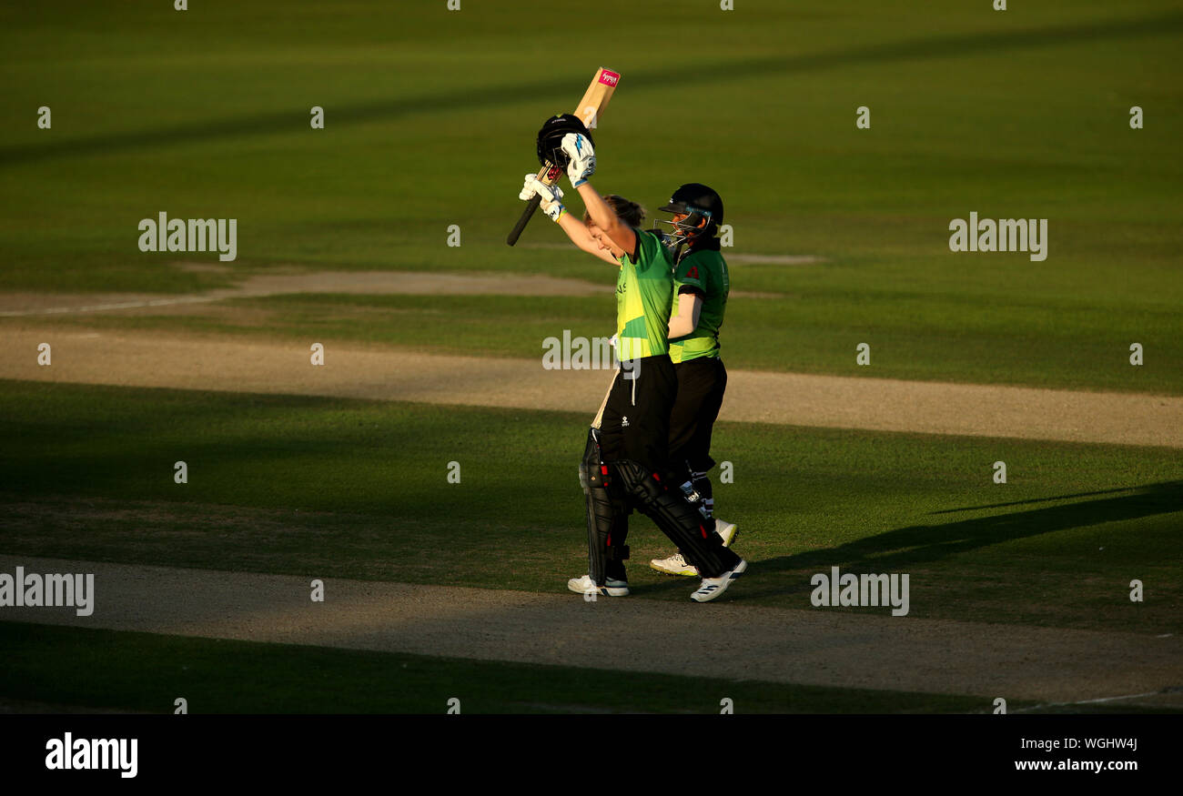 Western Storm's Heather Knight celebrates after hitting the winning runs with teammates during Kia Super League final at the 1st Central County Ground, Hove. Stock Photo