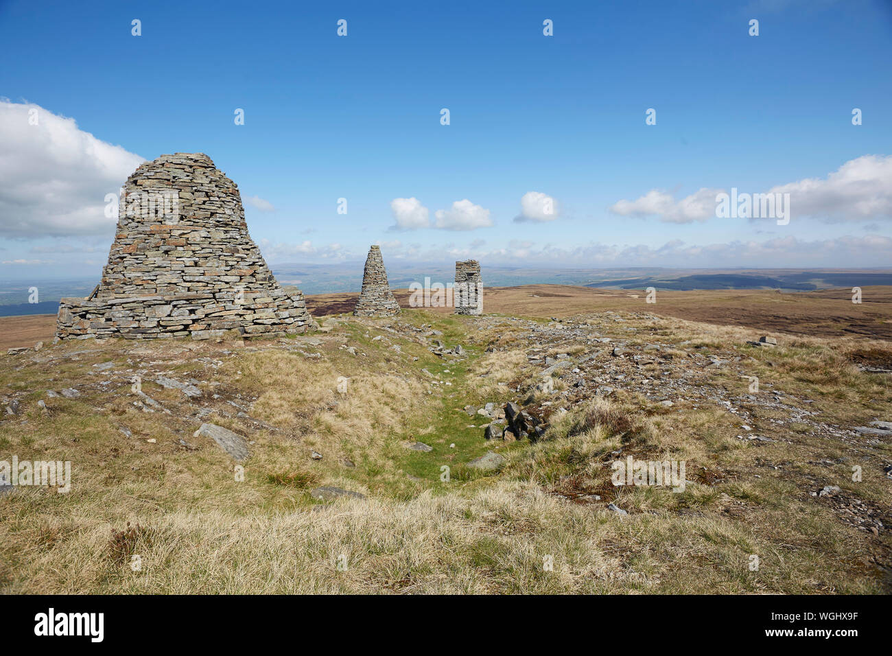 Nine Standards Rigg is the summit of Hartley Fell in the Pennine Hills of Engalnd on the boundary between Cumbria and North Yorkshire, Kirkby Stephen, Stock Photo