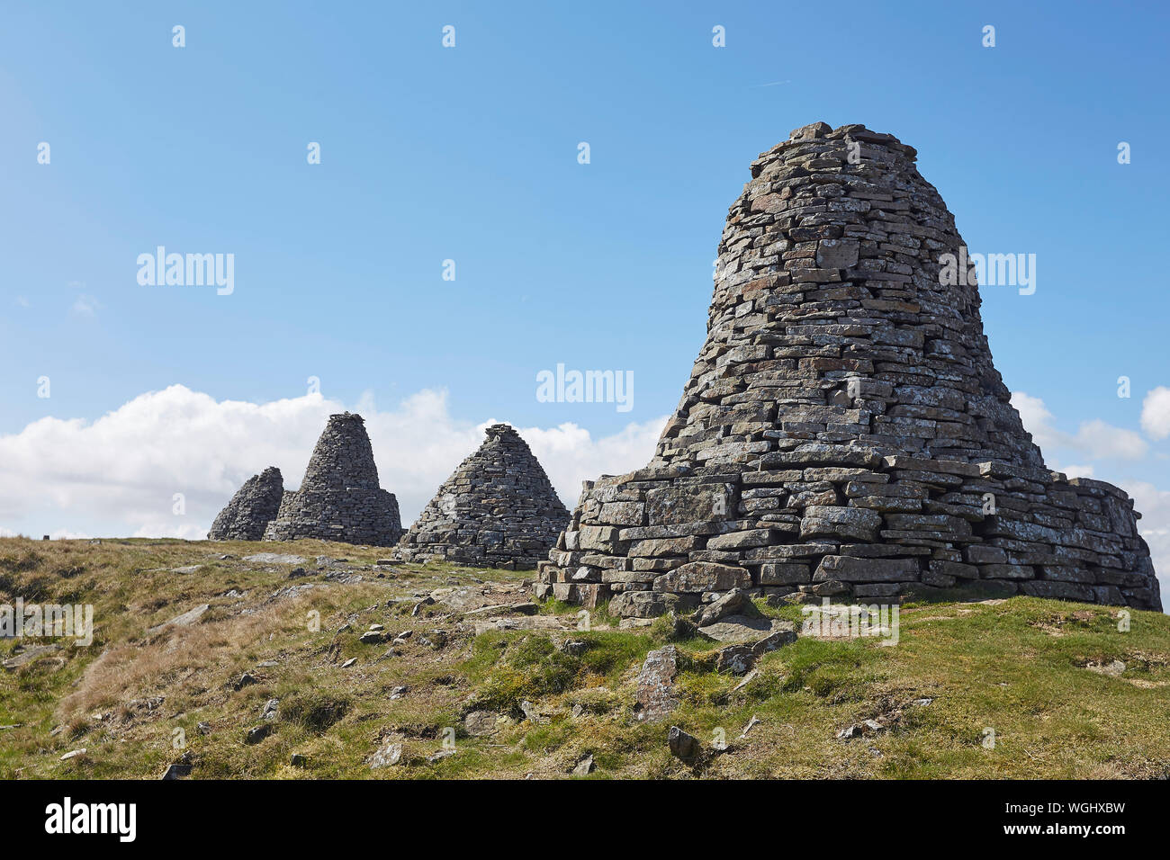Nine Standards Rigg is the summit of Hartley Fell in the Pennine Hills of Engalnd on the boundary between Cumbria and North Yorkshire, Kirkby Stephen, Stock Photo