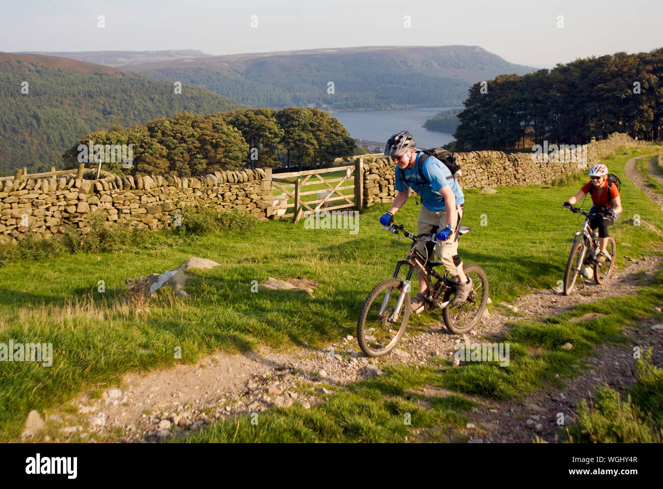 Mountain bikers riding along the UK's new Great North Trail, a 800 mile long distance off-road cycle route from Middleton Top, Wirksworth, Derbyshire through the Peak District all the way up to Cape Wrath or John o'Groats, Scotland. Stock Photo