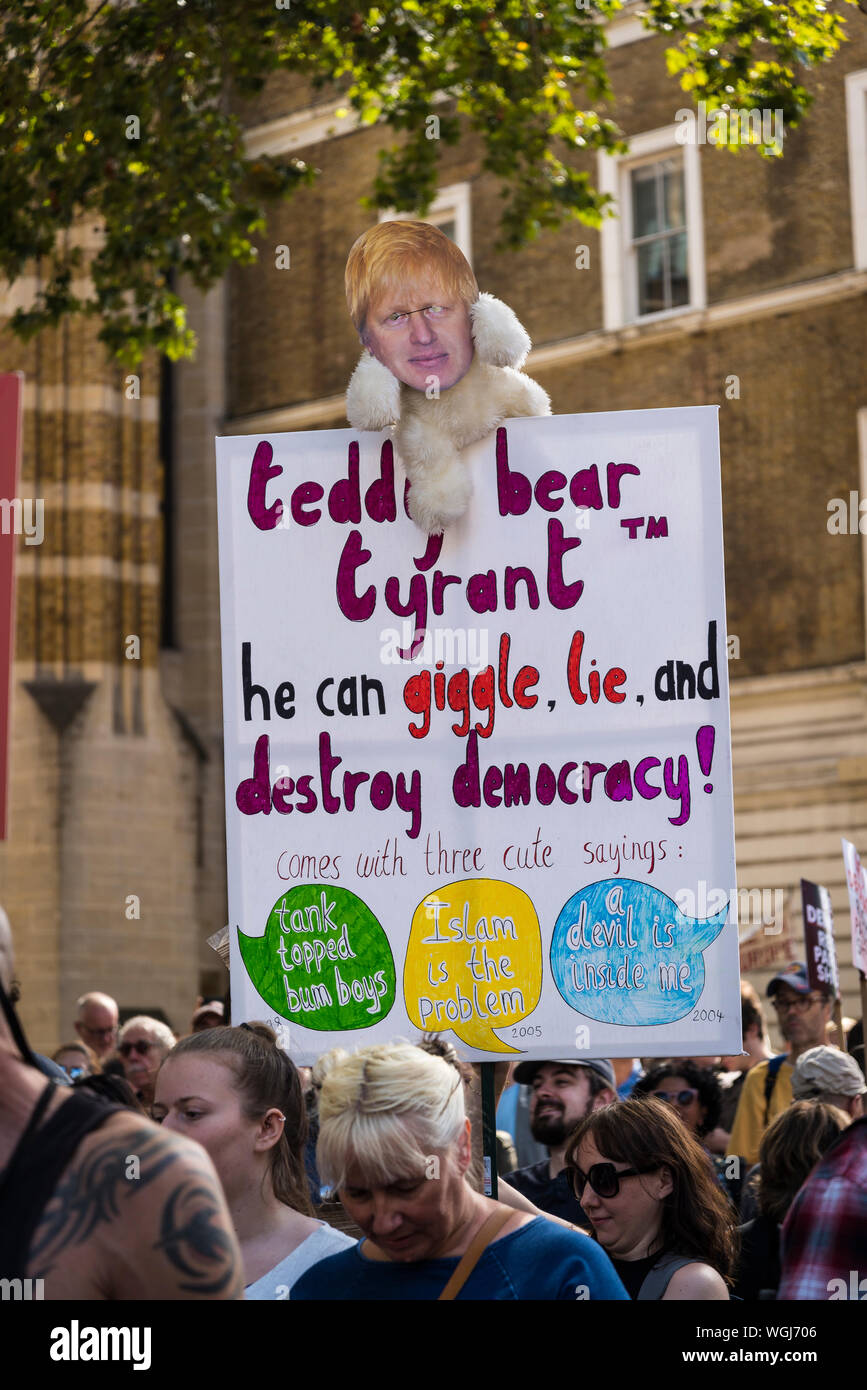 Anti Boris Johnson placard, Protest against the suspension of Parliament, London, UK, 31/08/2019 Stock Photo