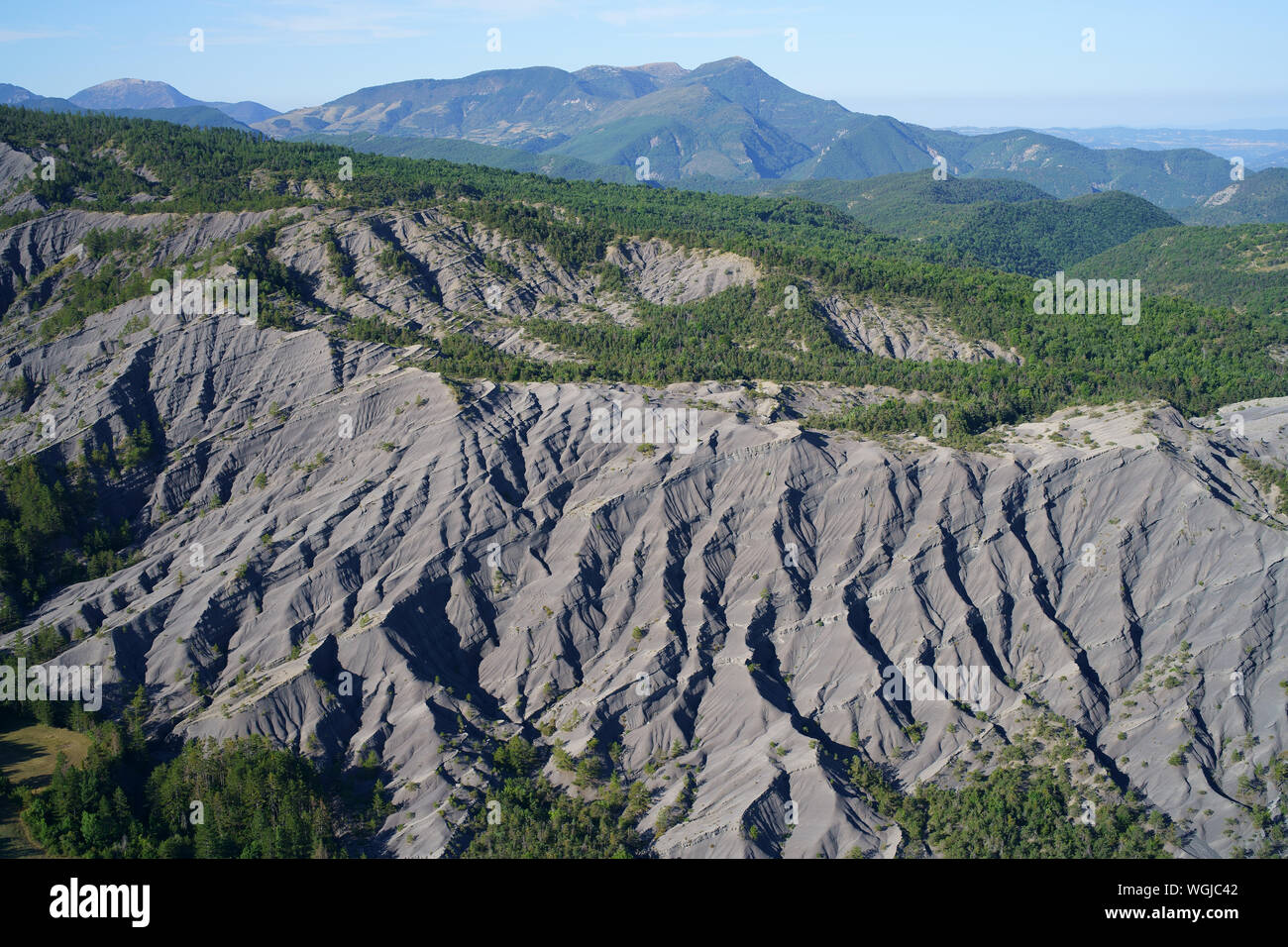 AERIAL VIEW. Badlands and forest near the city of Digne-les-Bains. Archail, Alpes de Haute-Provence, France. Stock Photo