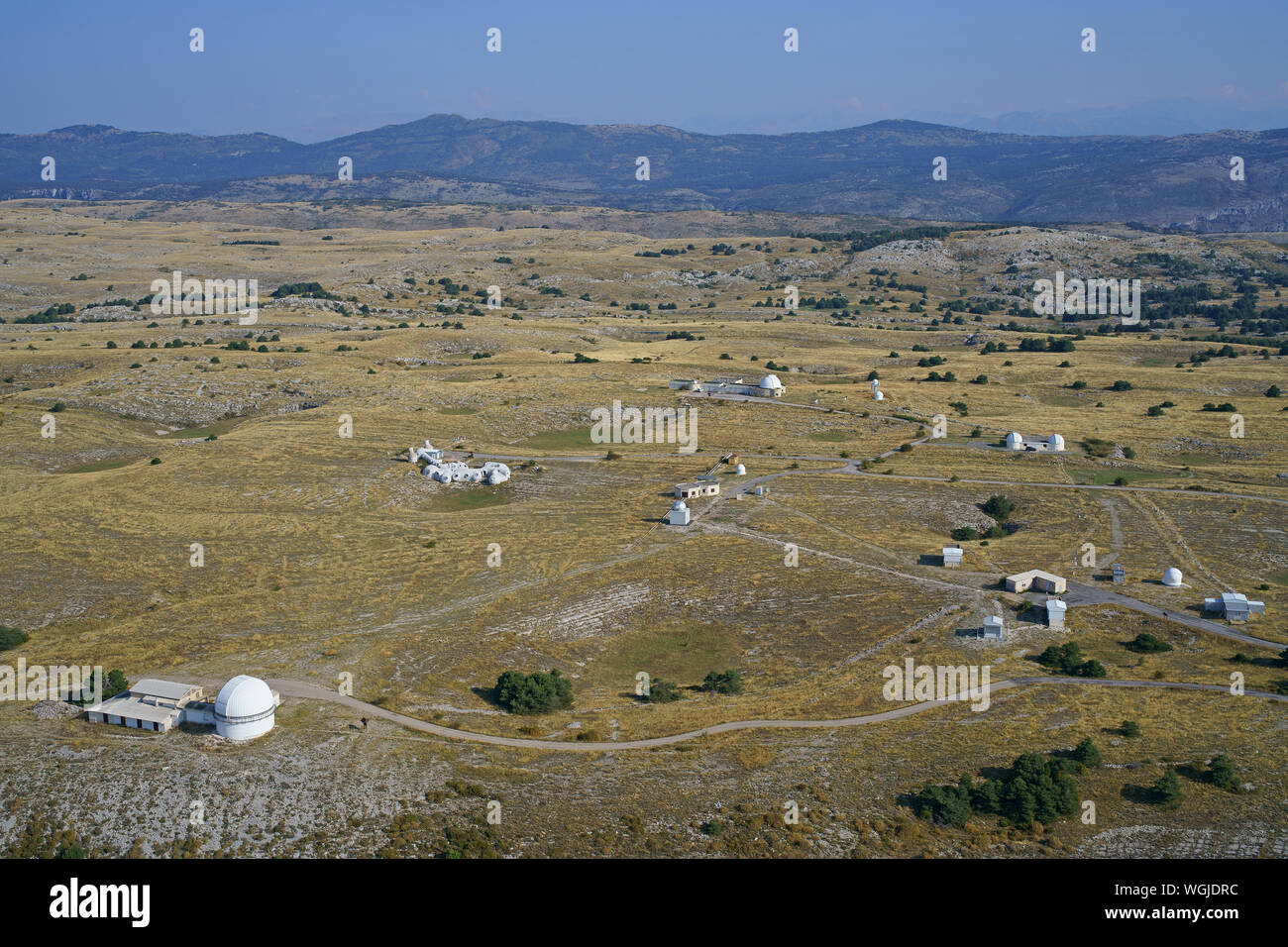 AERIAL VIEW. Côte d'Azur Observatory on the Calern Plateau. Caussols, Alpes-Maritimes, Provence-Alpes-Côte d'Azur, France. Stock Photo