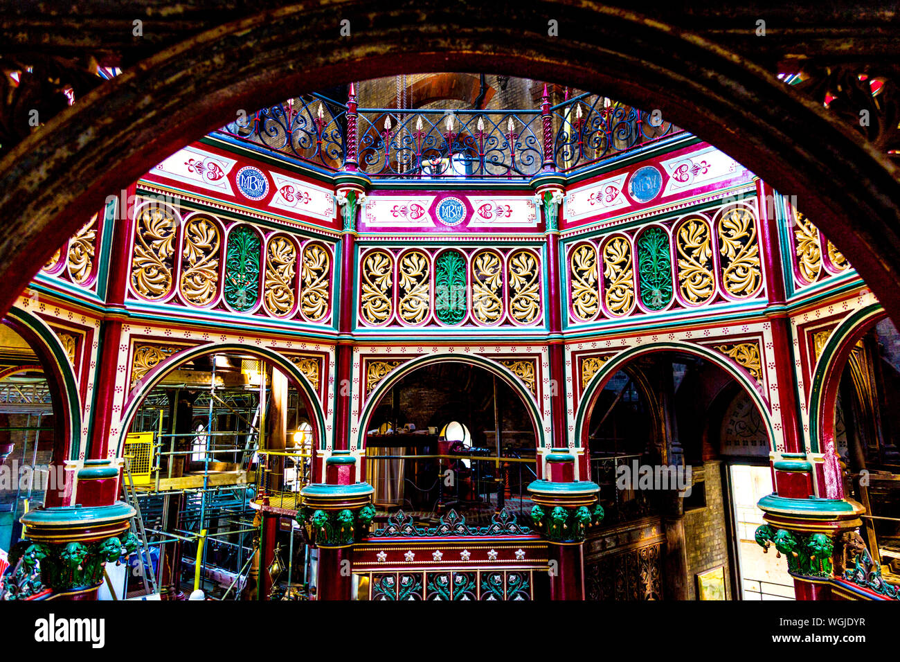 The colourful decorative ironwork of The Octagon at the Victorian Crossness Pumping Station, UK Stock Photo