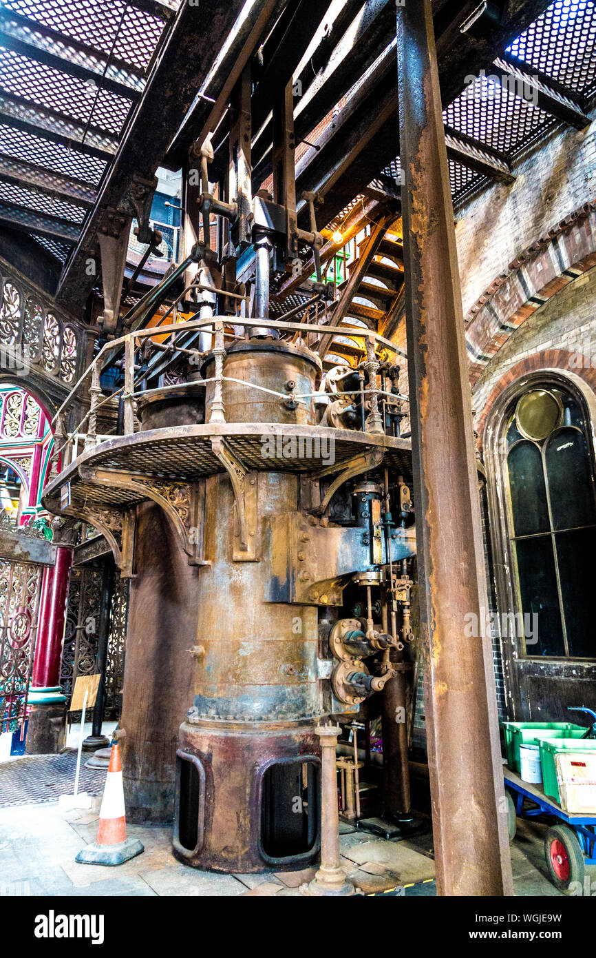 Unrestored rusty steam pumping engine at the Victorian Crossness Pumping Station, UK Stock Photo