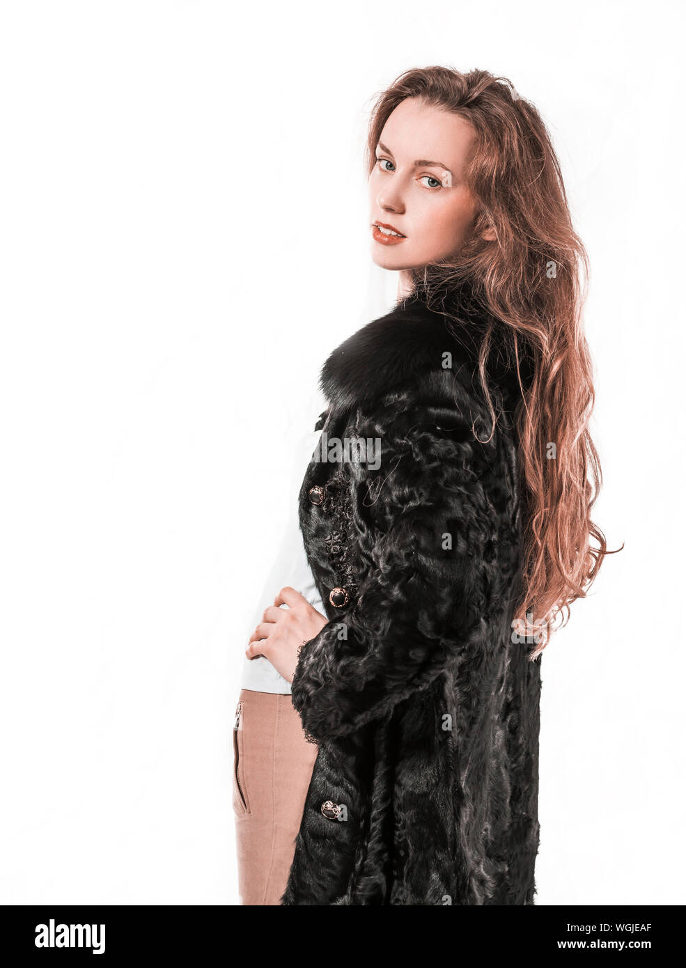 portrait of young business woman in a black coat on a white background ...