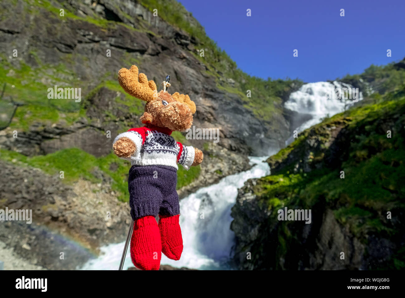 Kjosfossen waterfall, mascot moose in front of waterfall, mountain, rock faces, meadow, sky, Fureberget, Flåm, Sogn og Fjordane, Norway, Scandinavia, Stock Photo