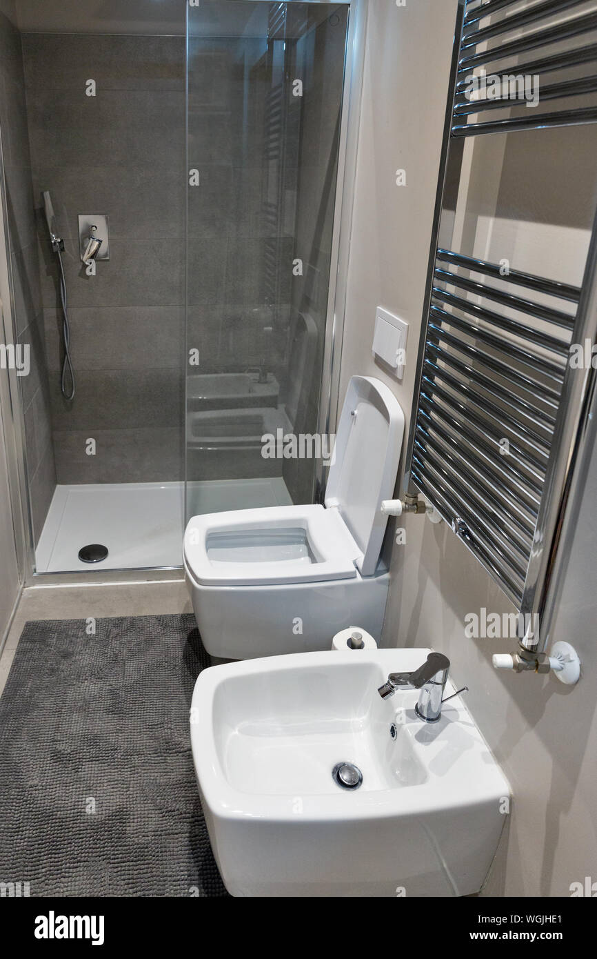 modern hotel small bathroom with toilet bowl and bidet closeup Stock Photo