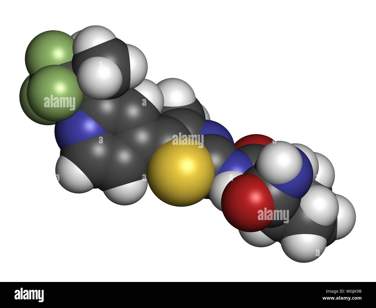 Alpelisib cancer drug molecule (PI3K inhibitor). 3D rendering. Atoms