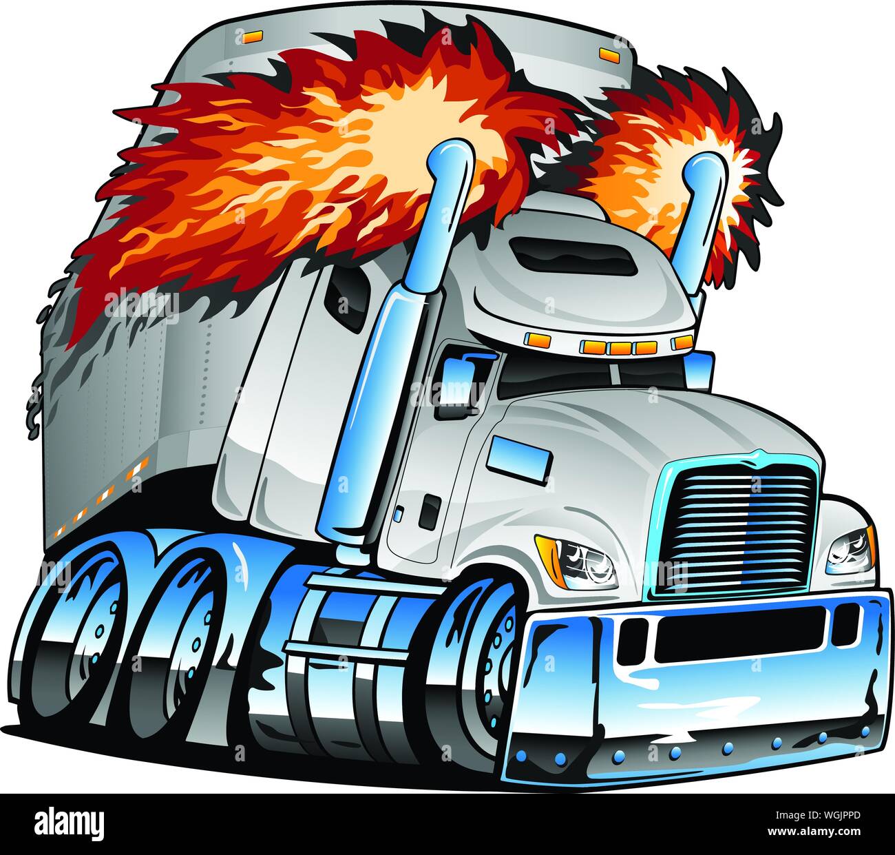 Semi Truck Tractor Trailer Big Rig,  Exhaust, Lots of Chrome, Cartoon Isolated Vector Illustration Stock Vector