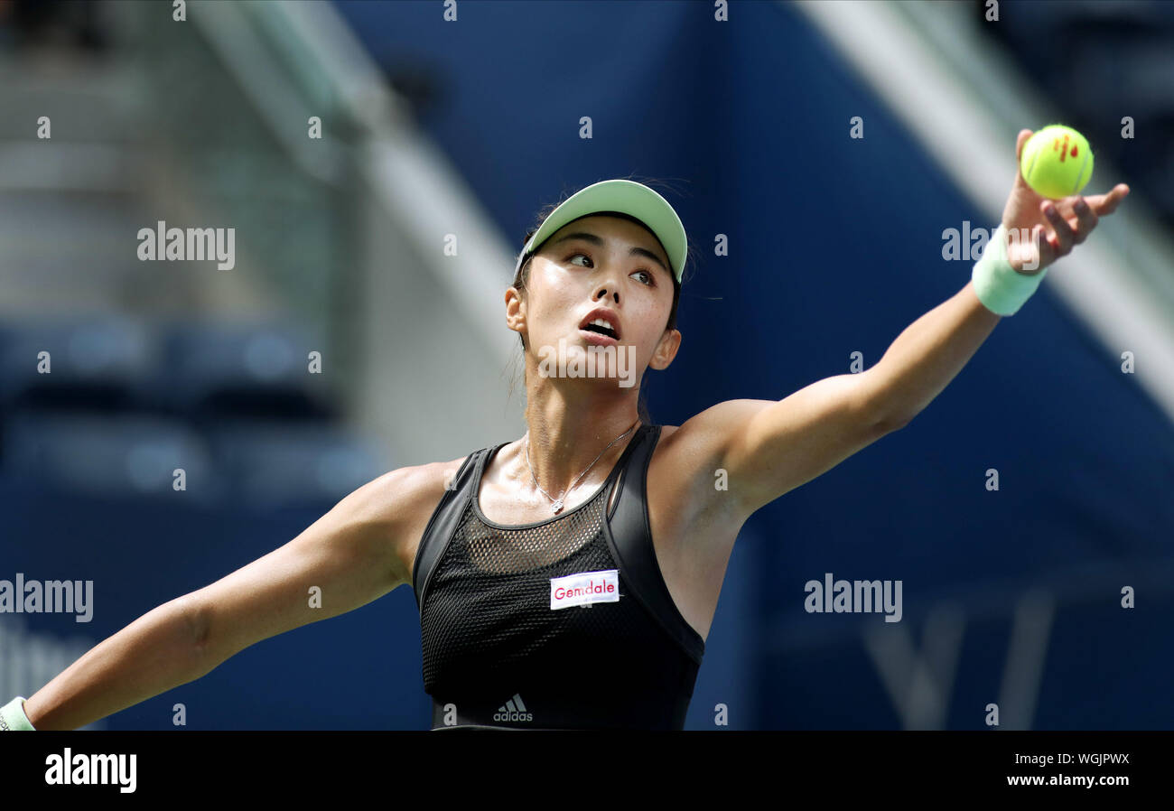 New York, United States. 01st Sep, 2019. Qiang Wang of China serves to Ashleigh Barty of Australia in the first set of the fourth round match at the 2019 US Open Tennis Championships at the USTA Billie Jean King National Tennis Center on Sunday, September 1, 2019 in New York City. Wang won 6-2, 6-4. Photo by Monika Graff/UPI Credit: UPI/Alamy Live News Stock Photo